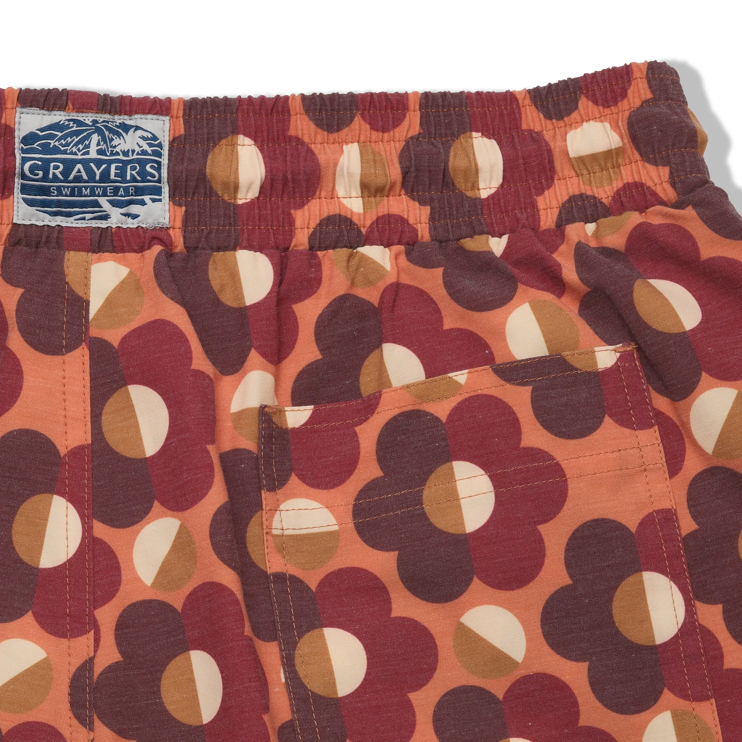 Eco Poly Cotton Stretch Swim Trunk 7" - Geometric Brown Orange No Friction high waisted