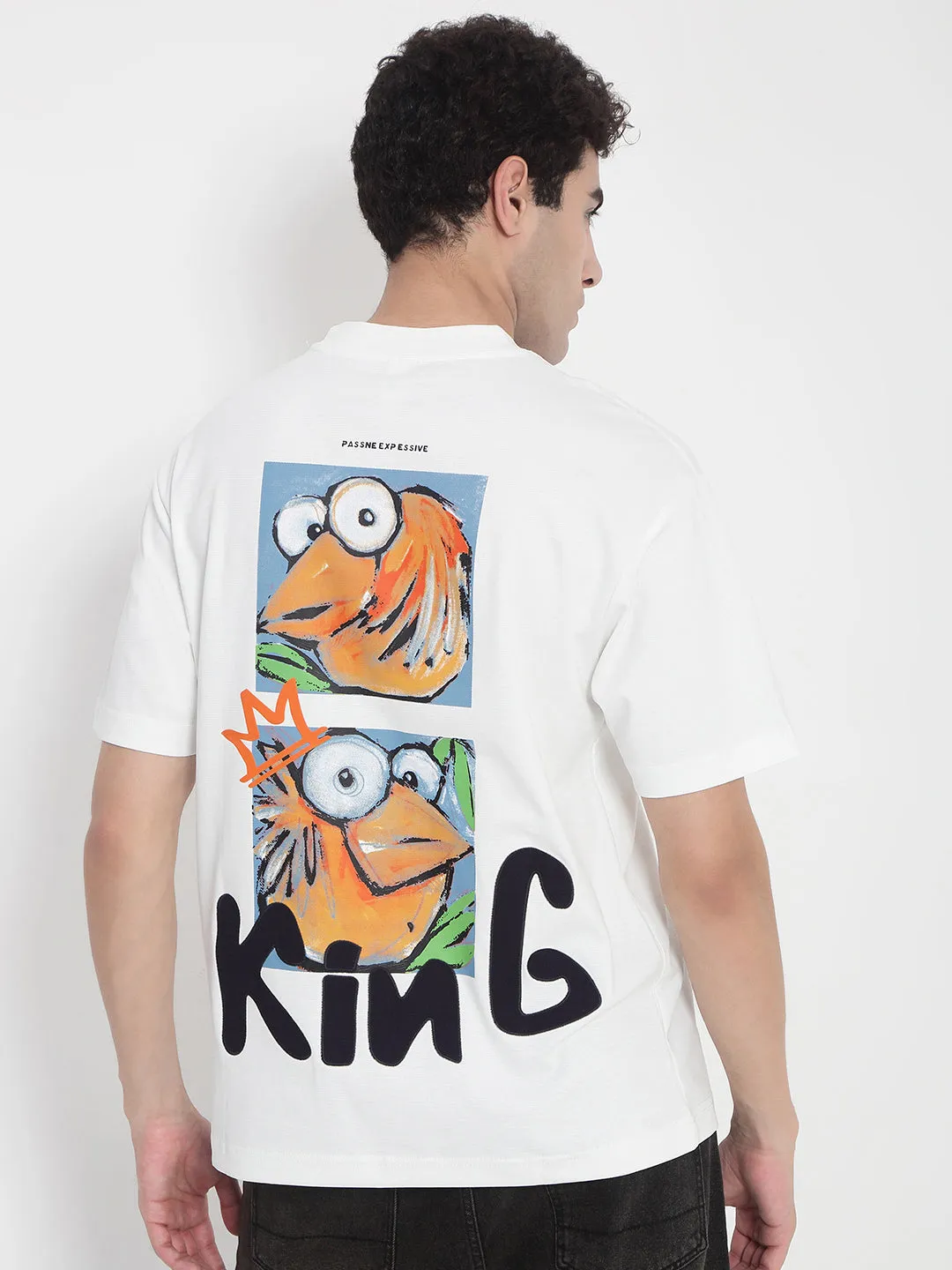 BreathableFabric Men's White Graphic Printed Relaxed Fit T-Shirt