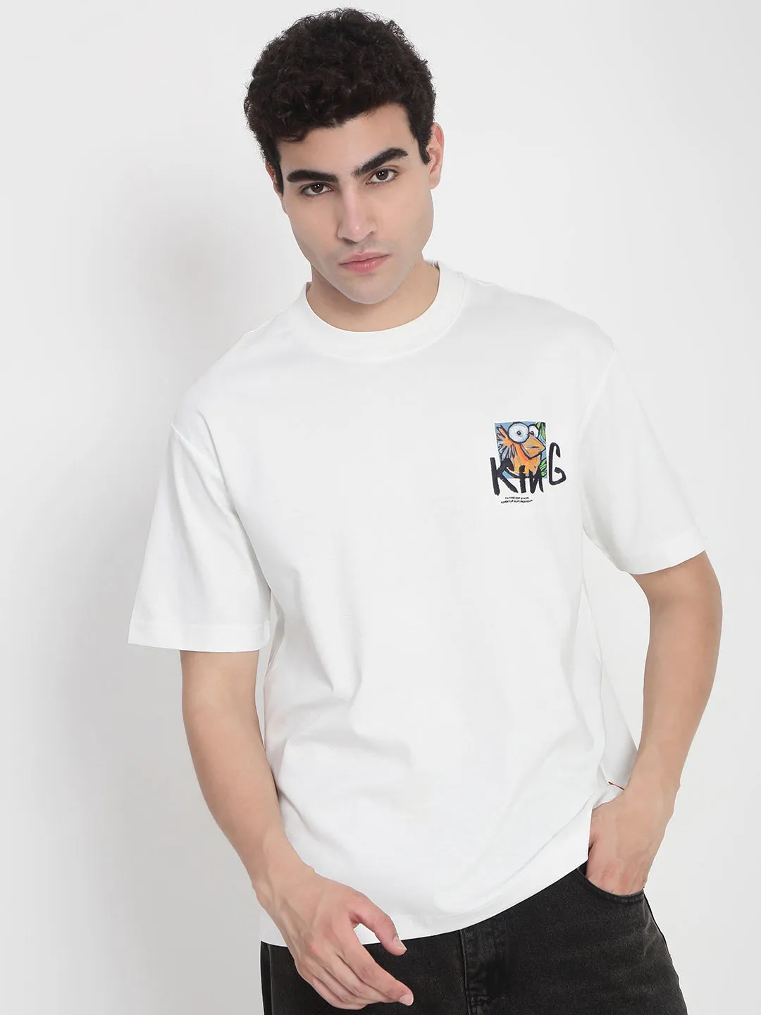 Easy Cool Men's White Graphic Printed Relaxed Fit T-Shirt