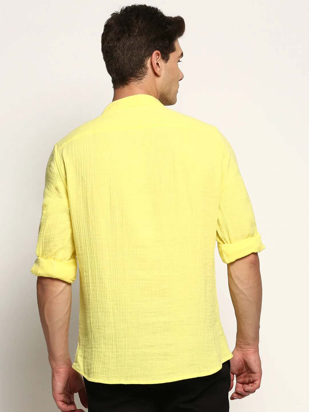 Men's Yellow Mandarin Collar Roll-Up Sleeves Cotton Straight Shirt Night Out LowMaintenance Material
