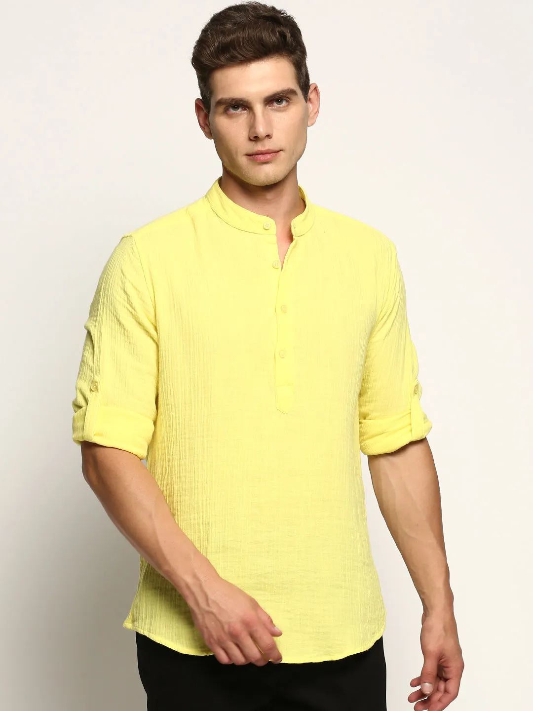 Vision Glow Men's Yellow Mandarin Collar Roll-Up Sleeves Cotton Straight Shirt