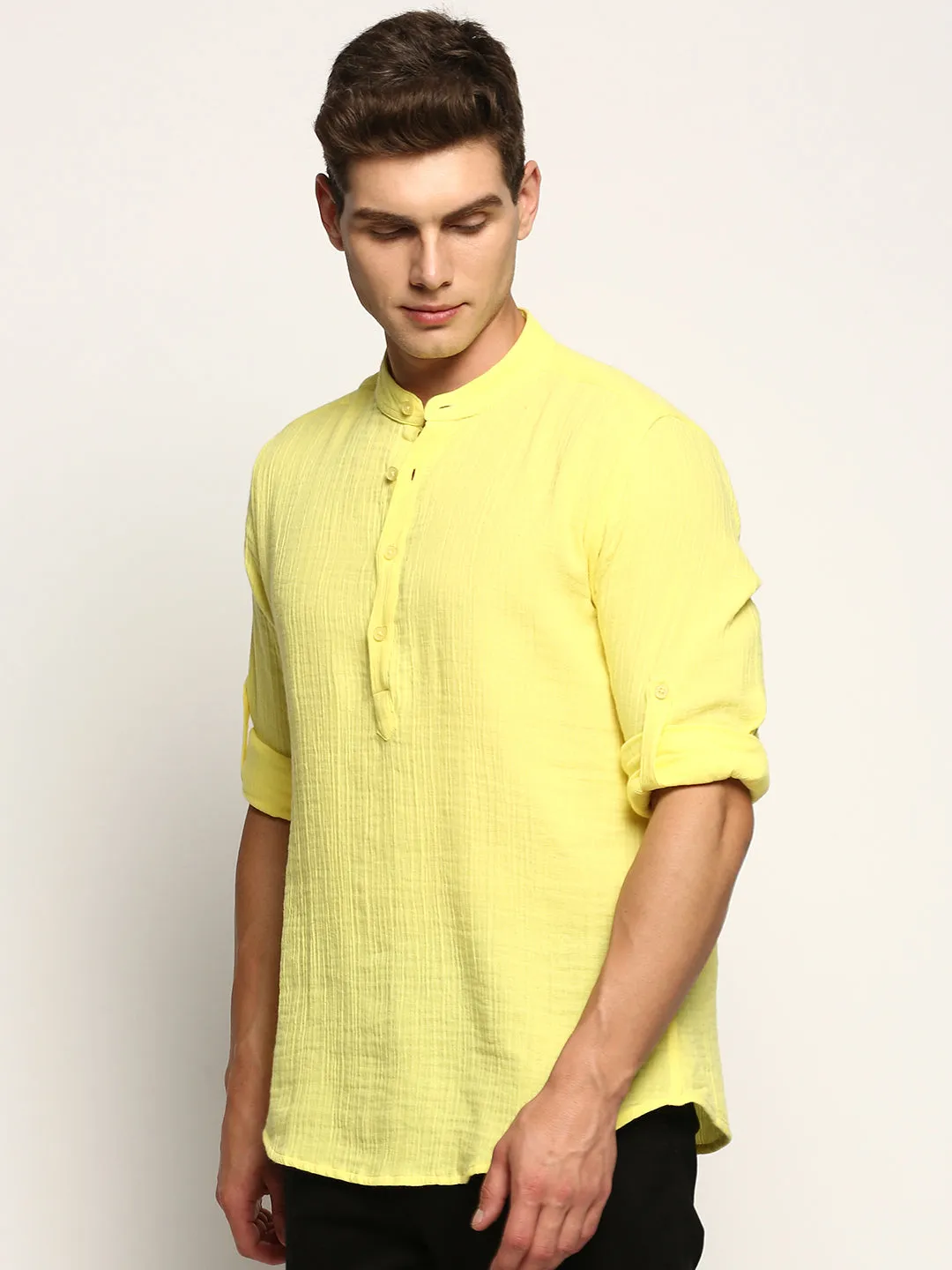 UVProtectionFabric Men's Yellow Mandarin Collar Roll-Up Sleeves Cotton Straight Shirt