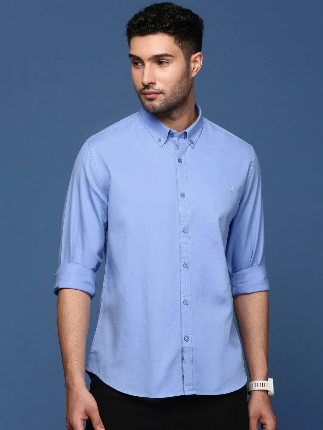 AdjustableWaistband Men's Blue Cotton Standard Slim Fit Casual Shirt