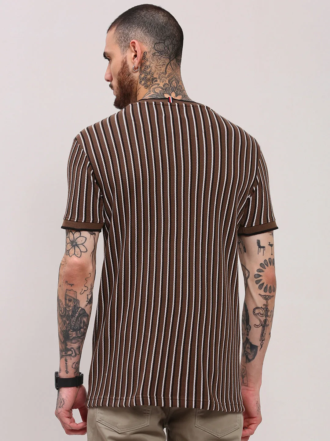 EcoFriendly Textiles Lake Mood Men's Brown Striped Round Neck T-Shirt