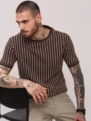 Men's Brown Striped Round Neck T-Shirt Thick Fiber