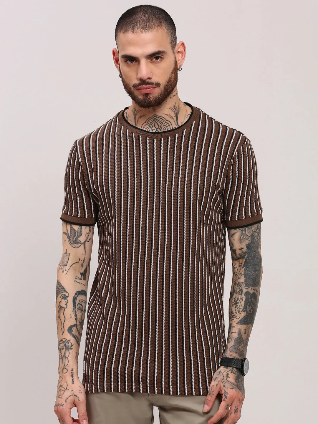 Men's Brown Striped Round Neck T-Shirt Soft Jacket