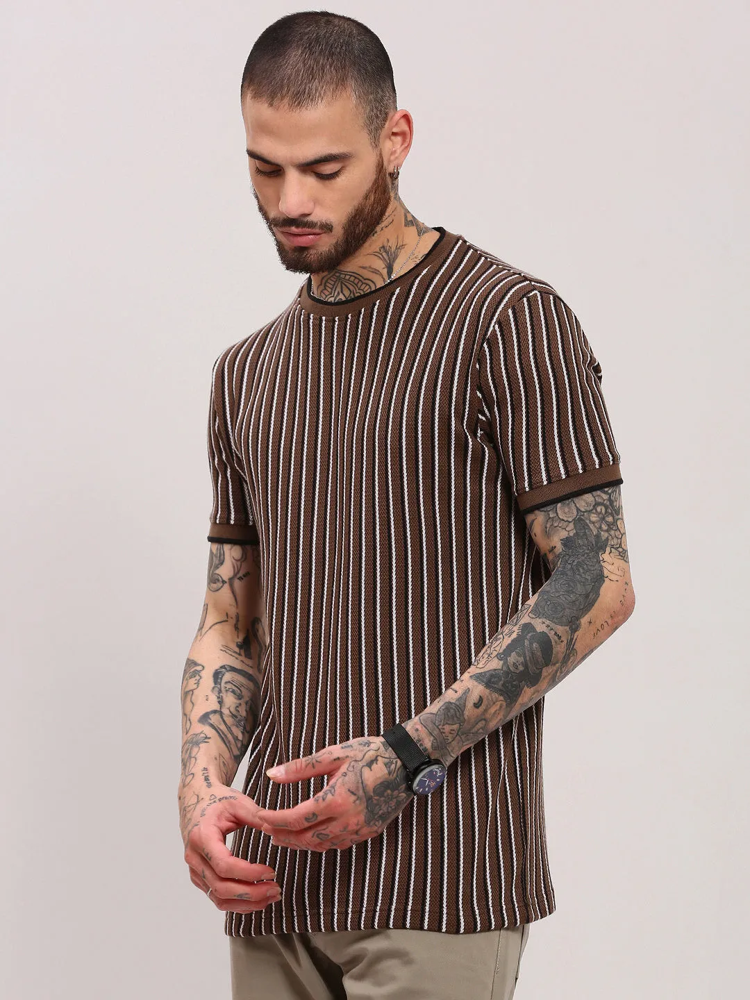 Men's Brown Striped Round Neck T-Shirt Relaxed T-shirt Wonder Fit