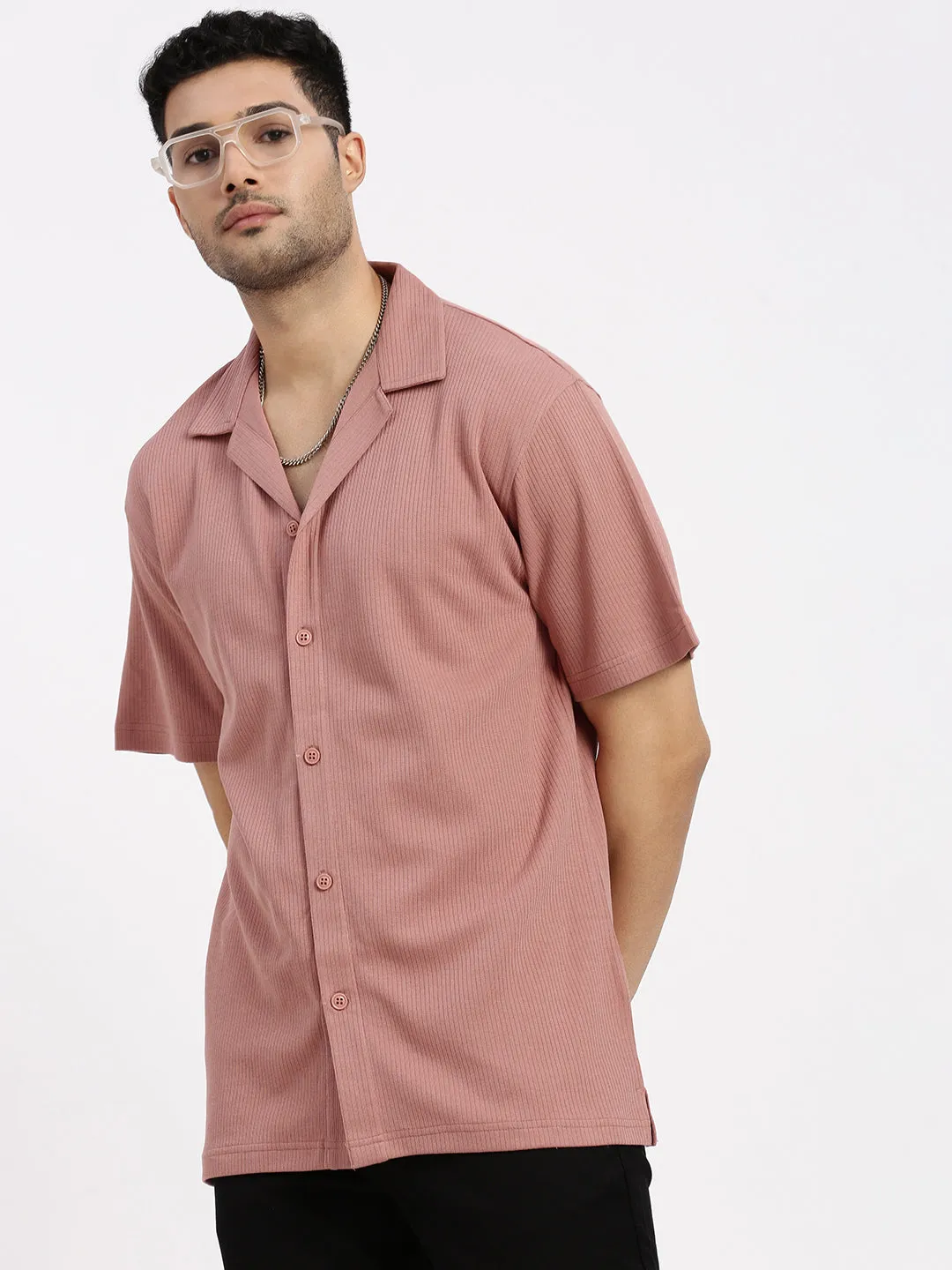 Outdoor Apparel Transitional Clothing Men's Peach Comfort Cuban Collar Solid Cotton Relaxed Fit Casual Shirt