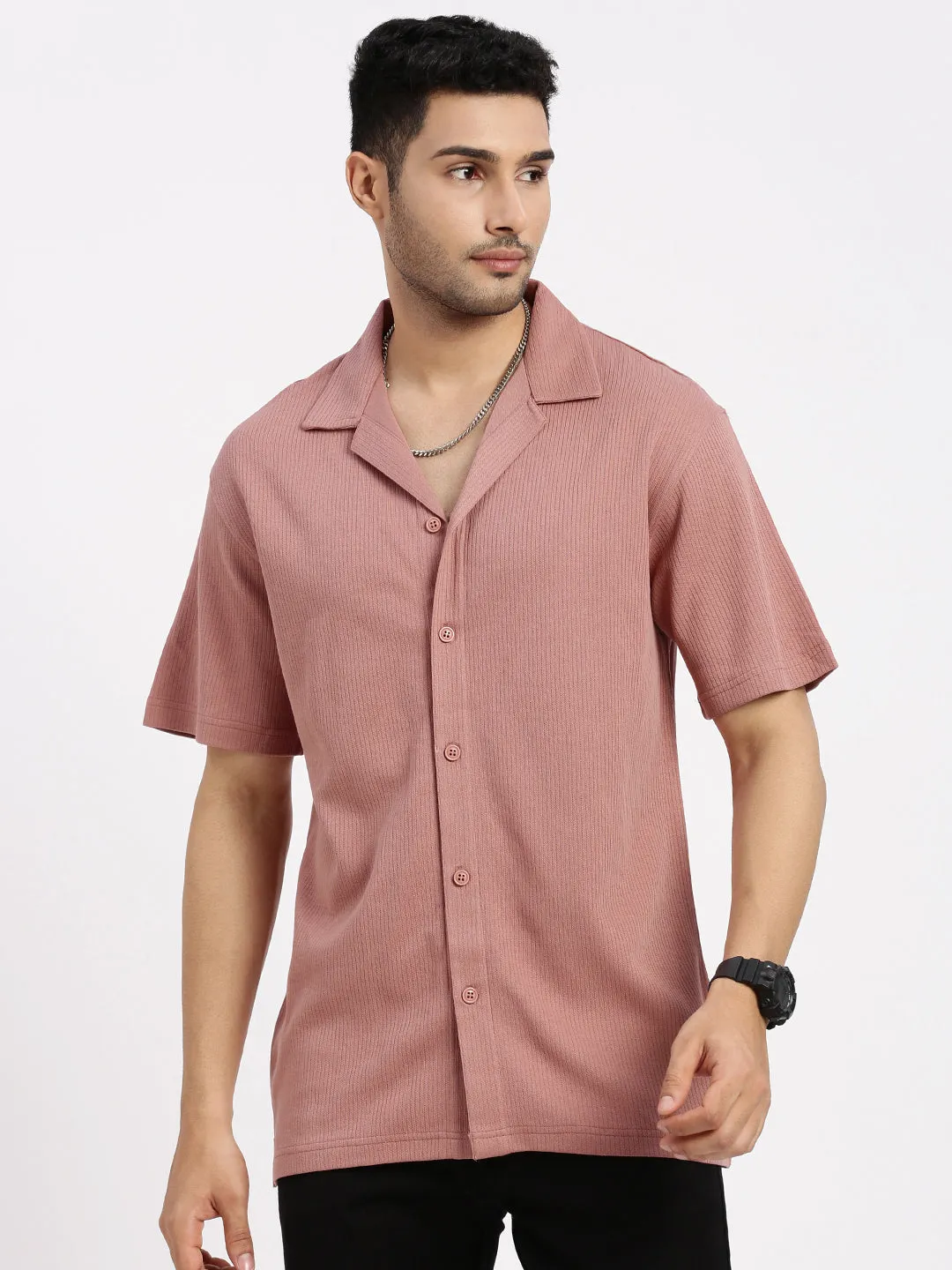 Fable Core Men's Peach Comfort Cuban Collar Solid Cotton Relaxed Fit Casual Shirt