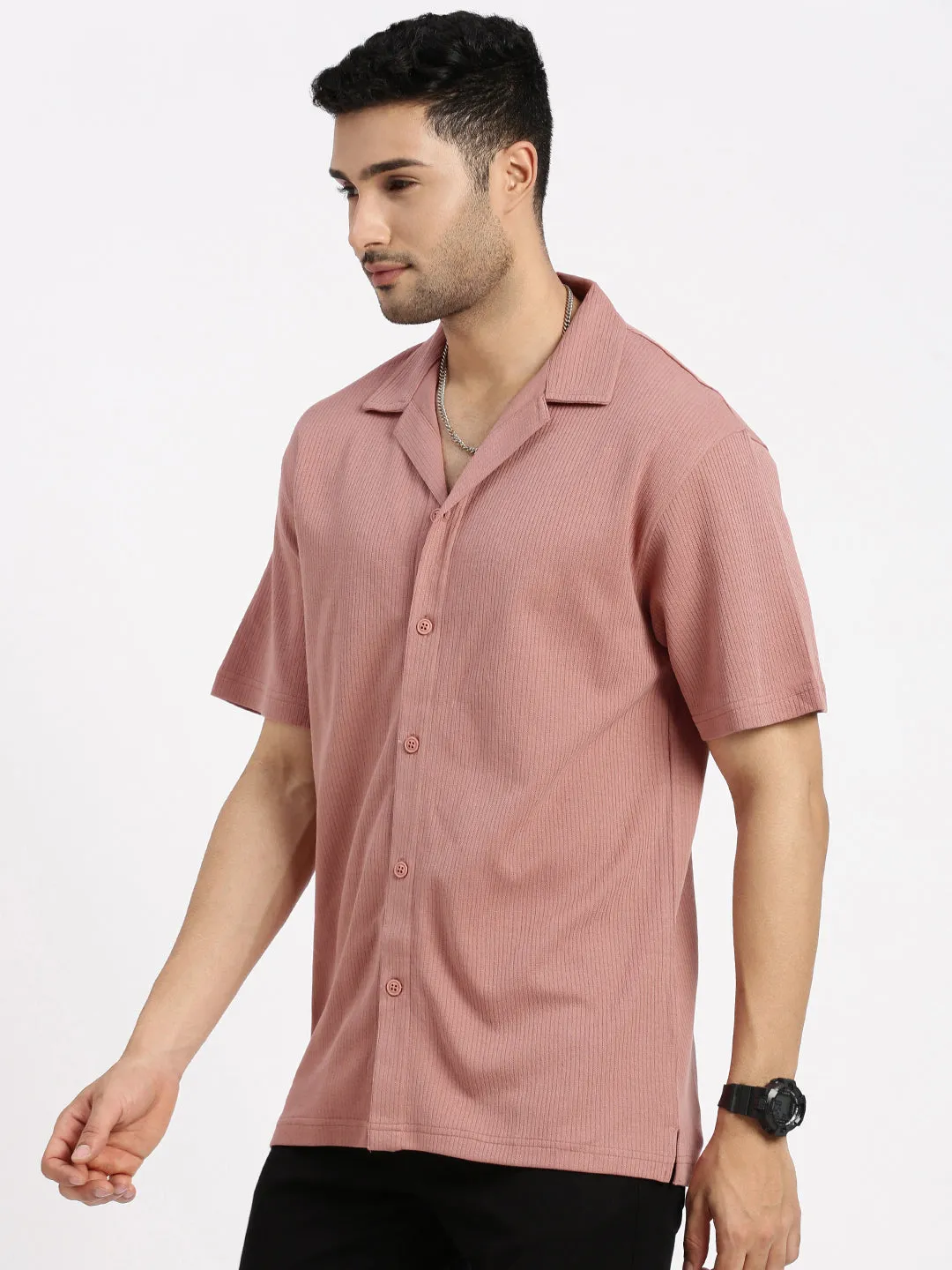 Run Glow Lightweight clothing Men's Peach Comfort Cuban Collar Solid Cotton Relaxed Fit Casual Shirt