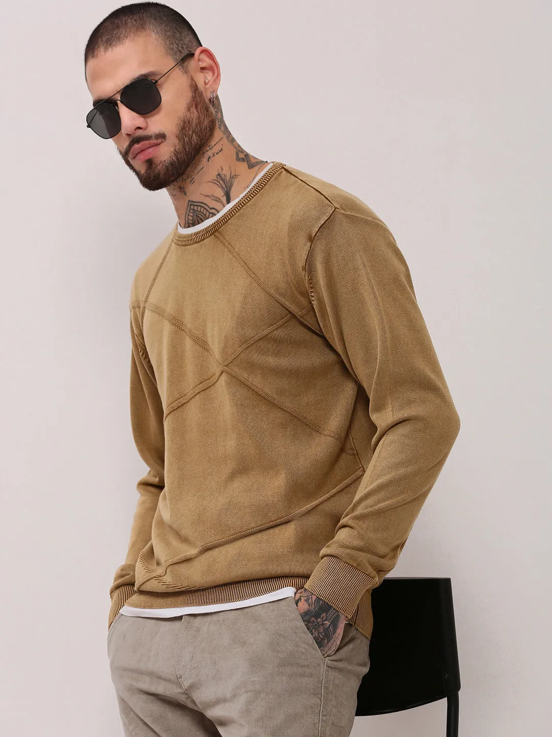 Ribbed Structure Men's Brown Full Sleeve Sweater