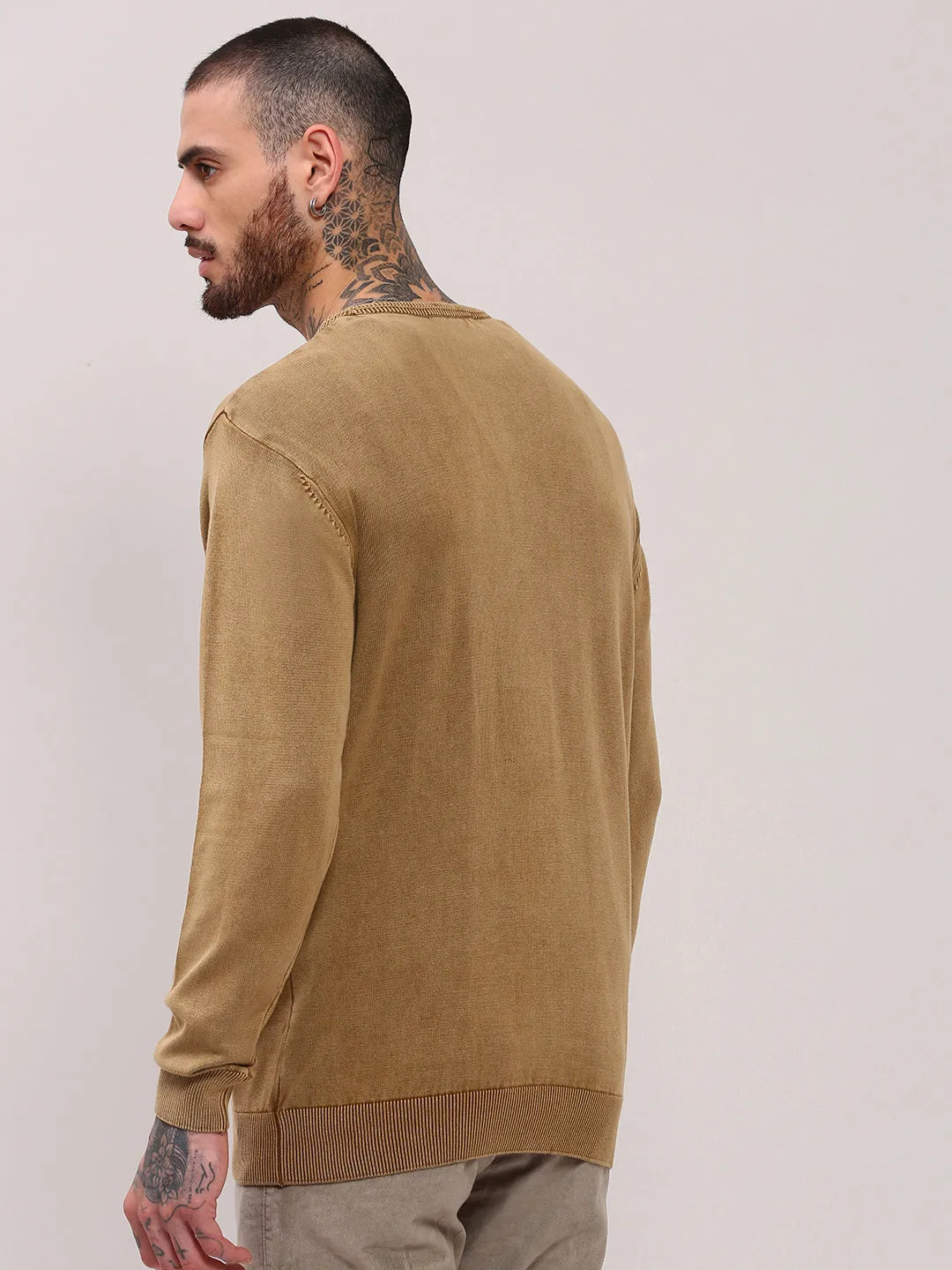 Men's Brown Full Sleeve Sweater HighDensity Weave Minimalist Stitching