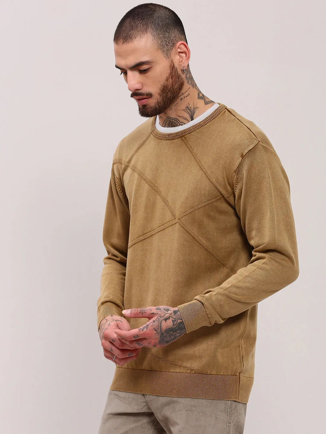 Men's Brown Full Sleeve Sweater Lounge Outfit