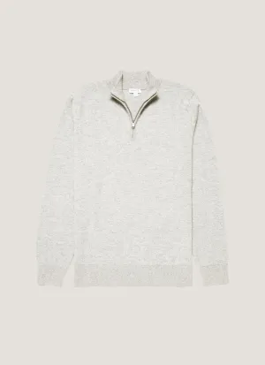 Men's Cashmere Zip Neck Jumper in Grey Melange Friction Resistant Edging
