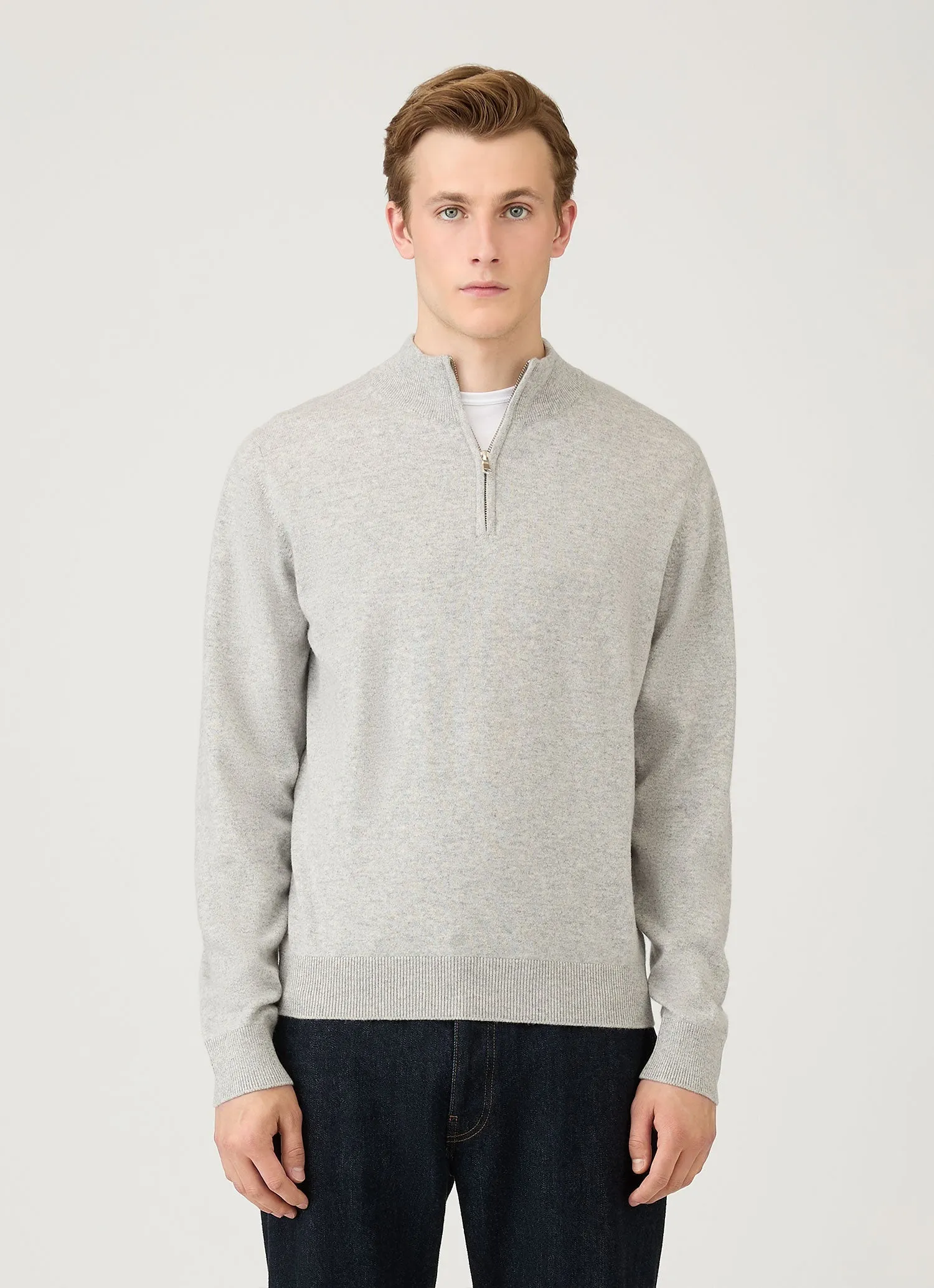Men's Cashmere Zip Neck Jumper in Grey Melange Merino Wool Blend