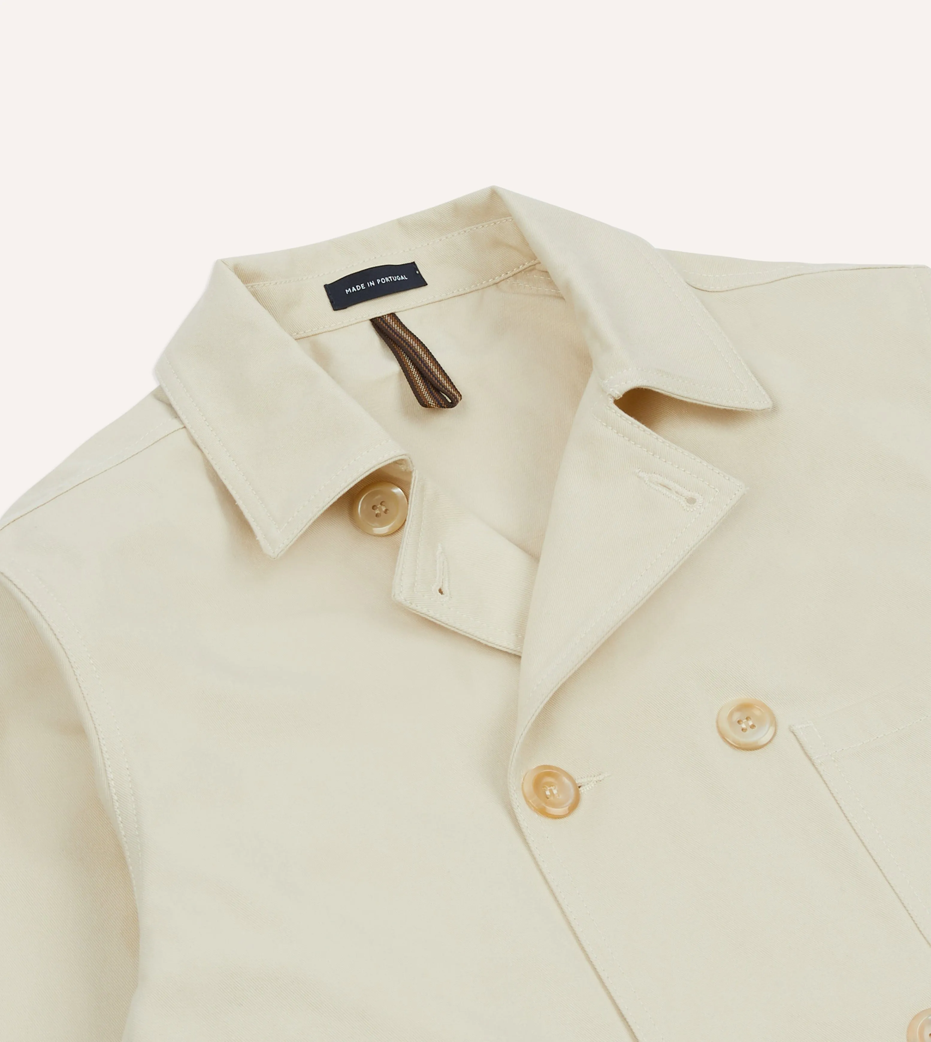 Zip Pockets Reinforced Seam Construction Ecru Cotton Double-Breasted Chore Coat