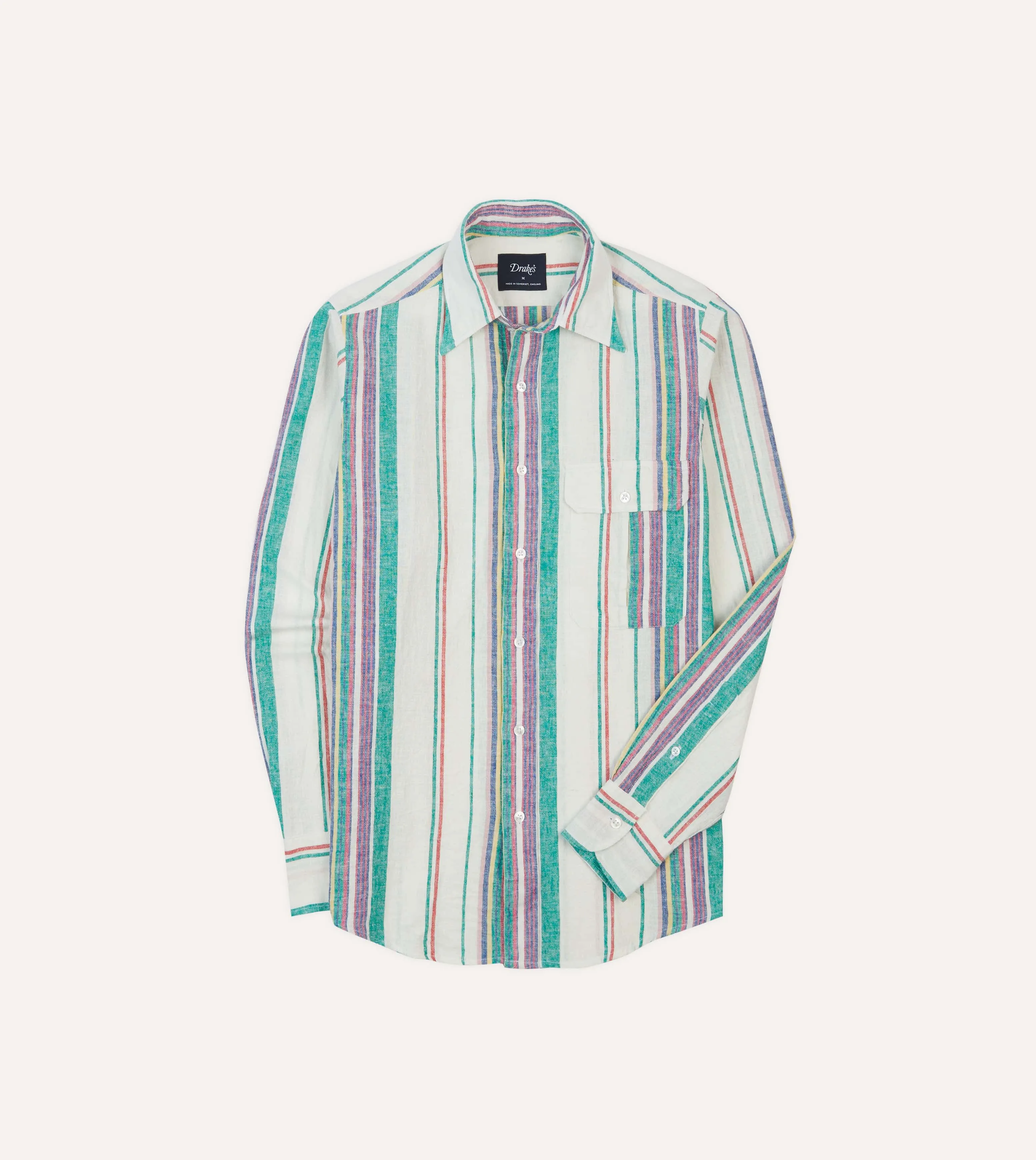 Comfort Stretch sporty and comfortable Ecru, Purple and Green Stripe Linen-Cotton Long Point Collar Shirt