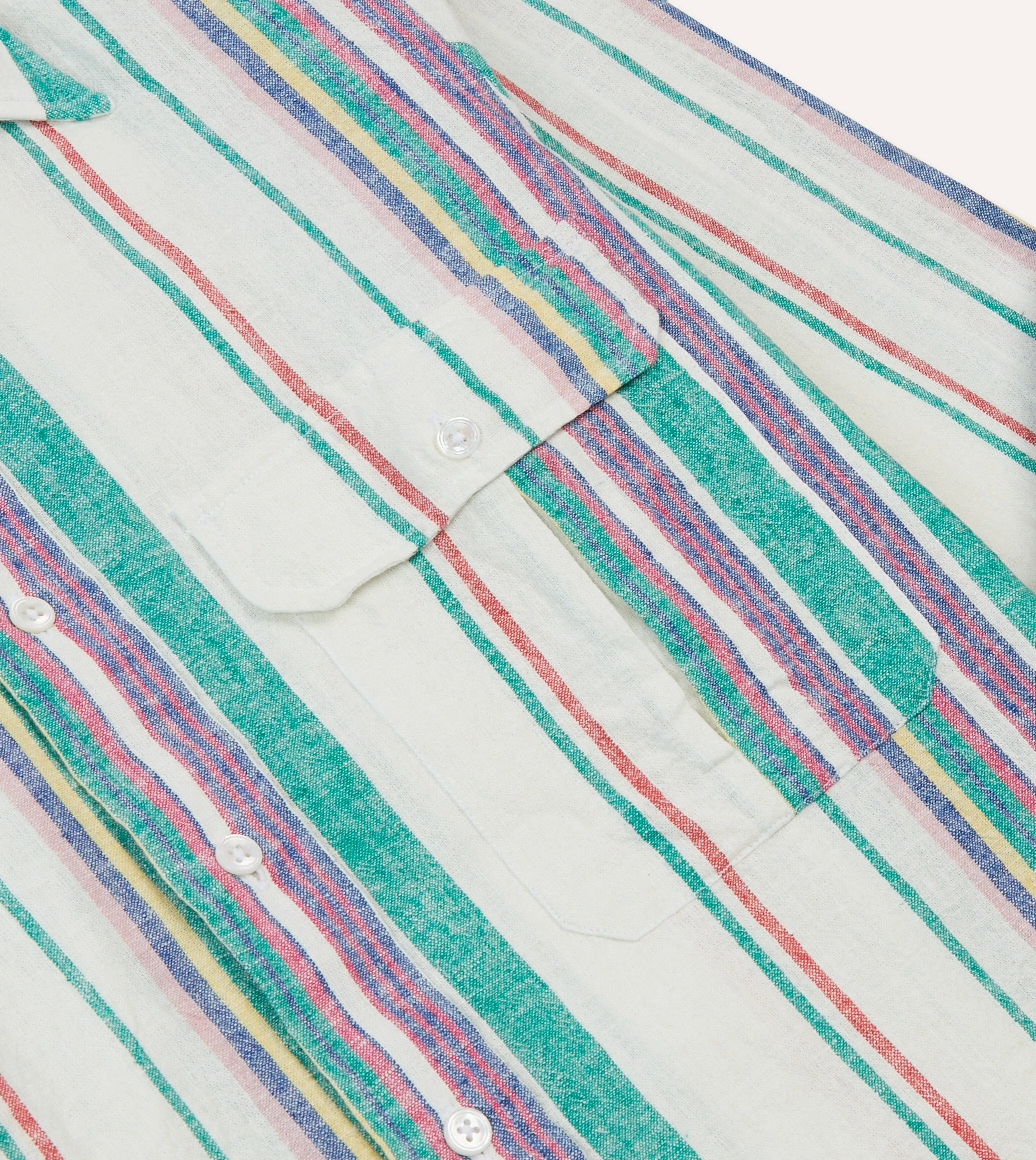 Stretchable Collar Band Unisex style Ecru, Purple and Green Stripe Linen-Cotton Long Point Collar Shirt