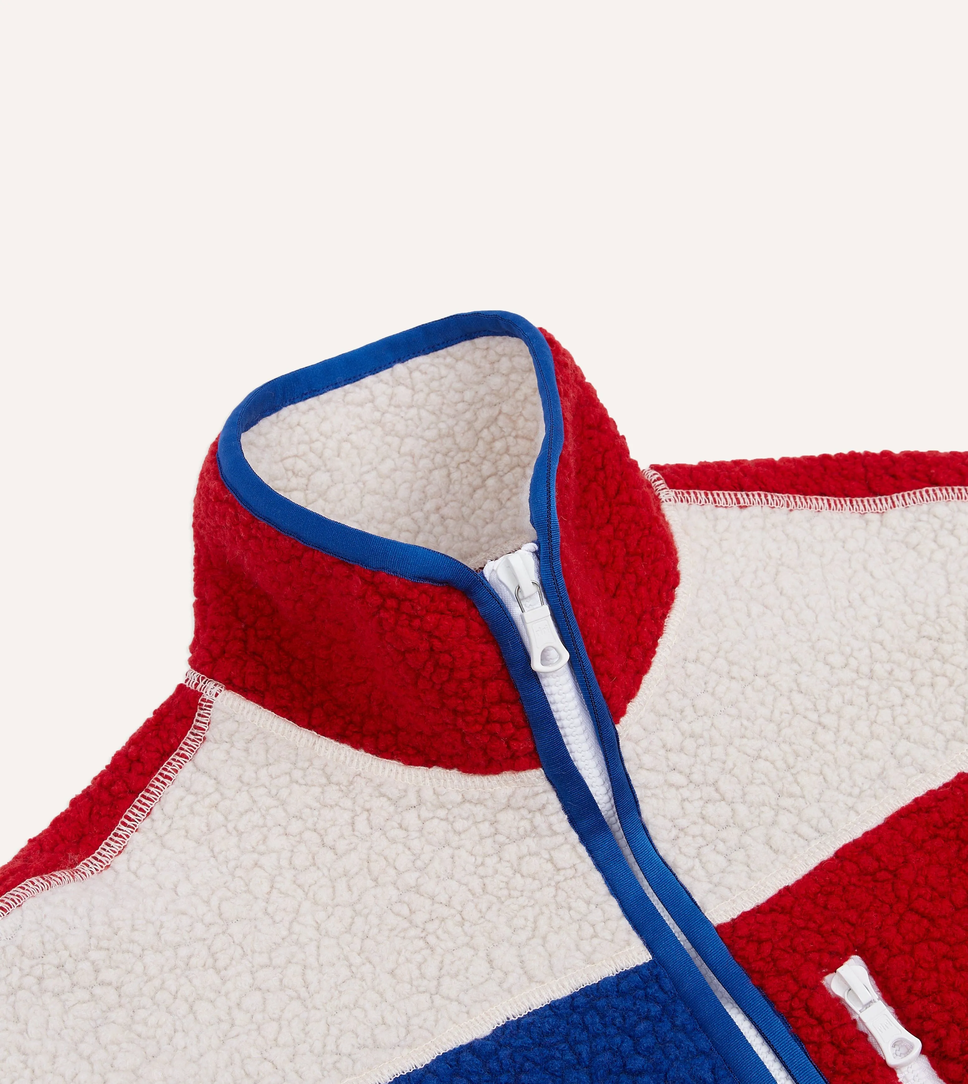 Heat Resistant Fabric Weatherproof Zipper Tech Ecru, Red and Blue Boucle Wool Zip Fleece Jacket