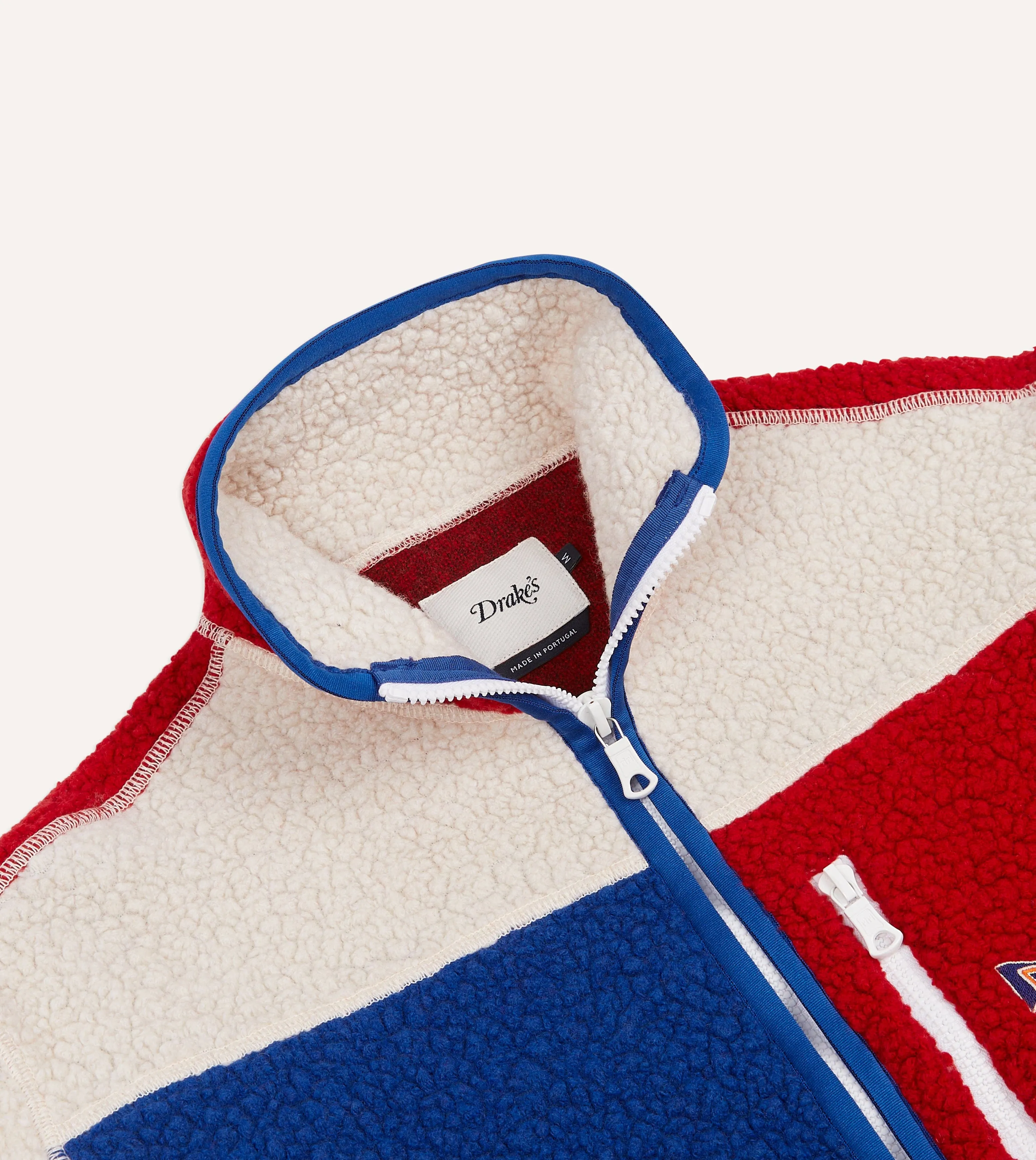 Ecru, Red and Blue Boucle Wool Zip Fleece Jacket Soft Fleece Interior