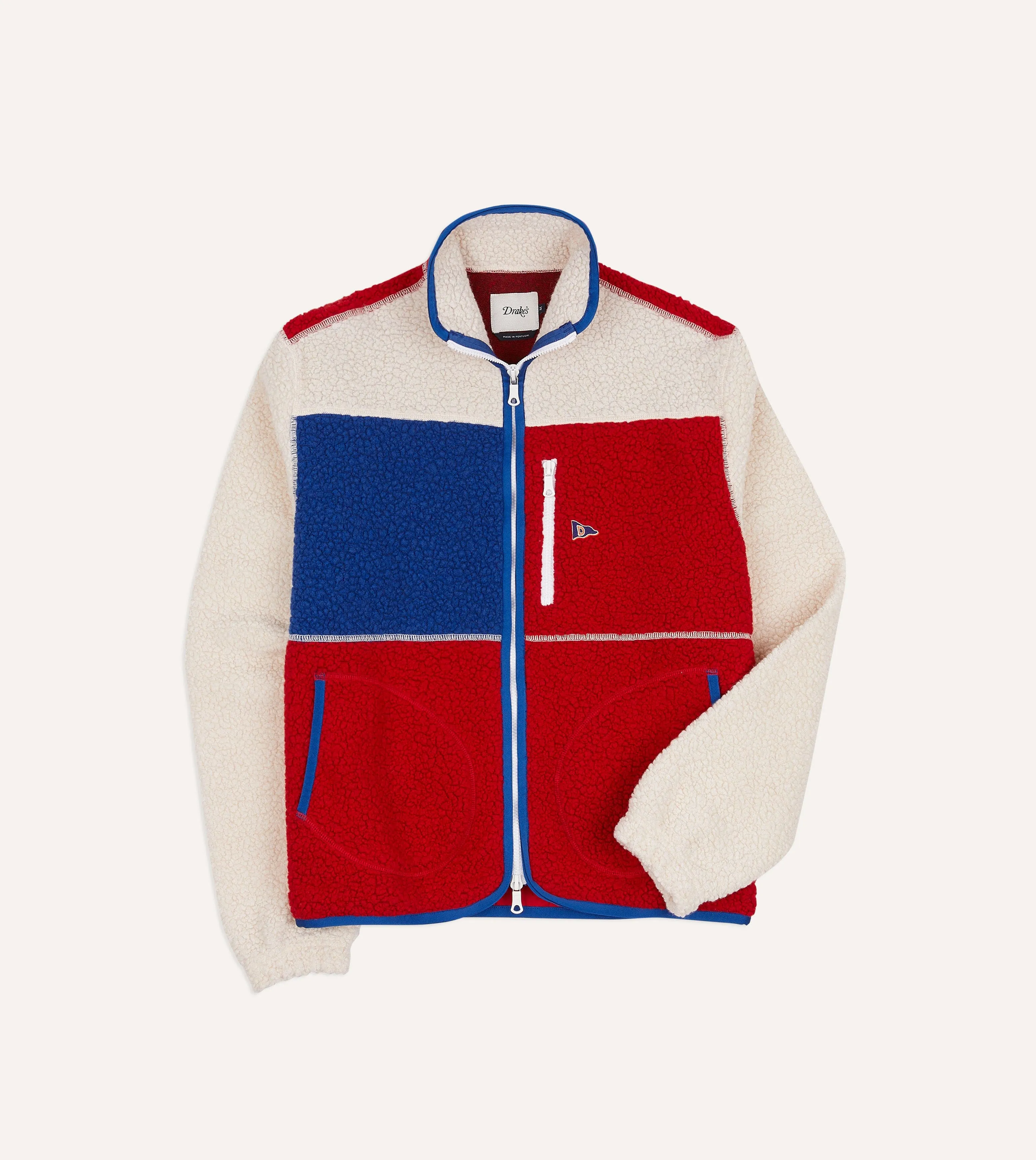 Abrasion Resistant Panels StretchFit Silhouette Ecru, Red and Blue Boucle Wool Zip Fleece Jacket