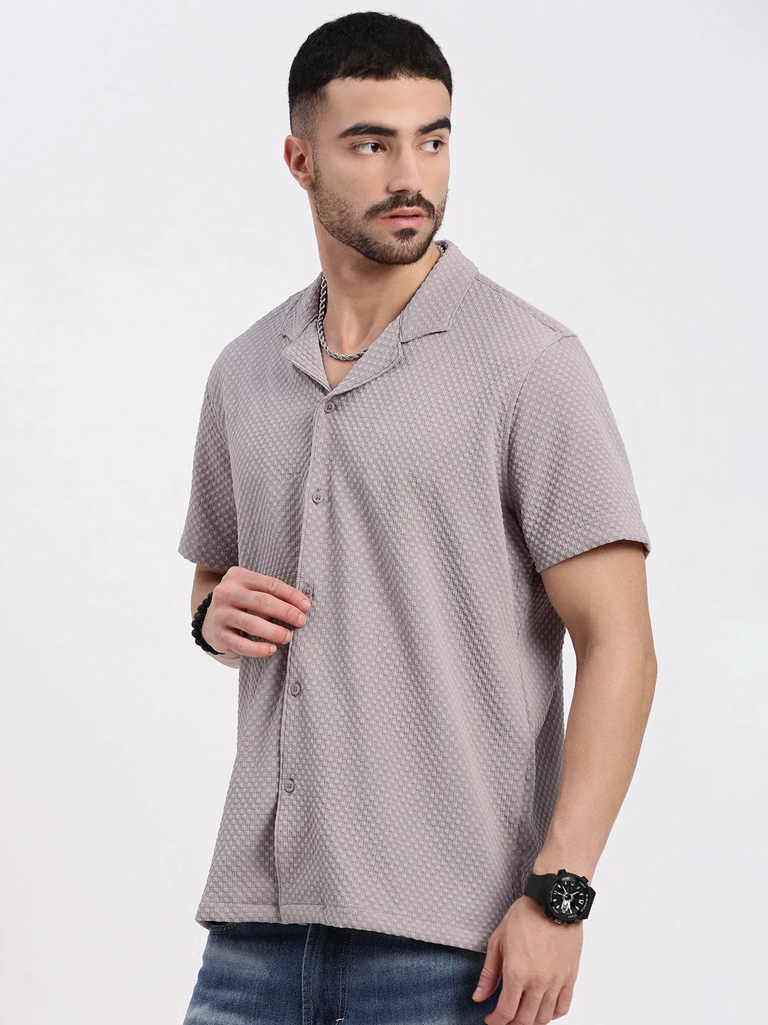 Men's Mauve Cuban Collar Solid Shirt Comfort sleepwear Elastic cuffs