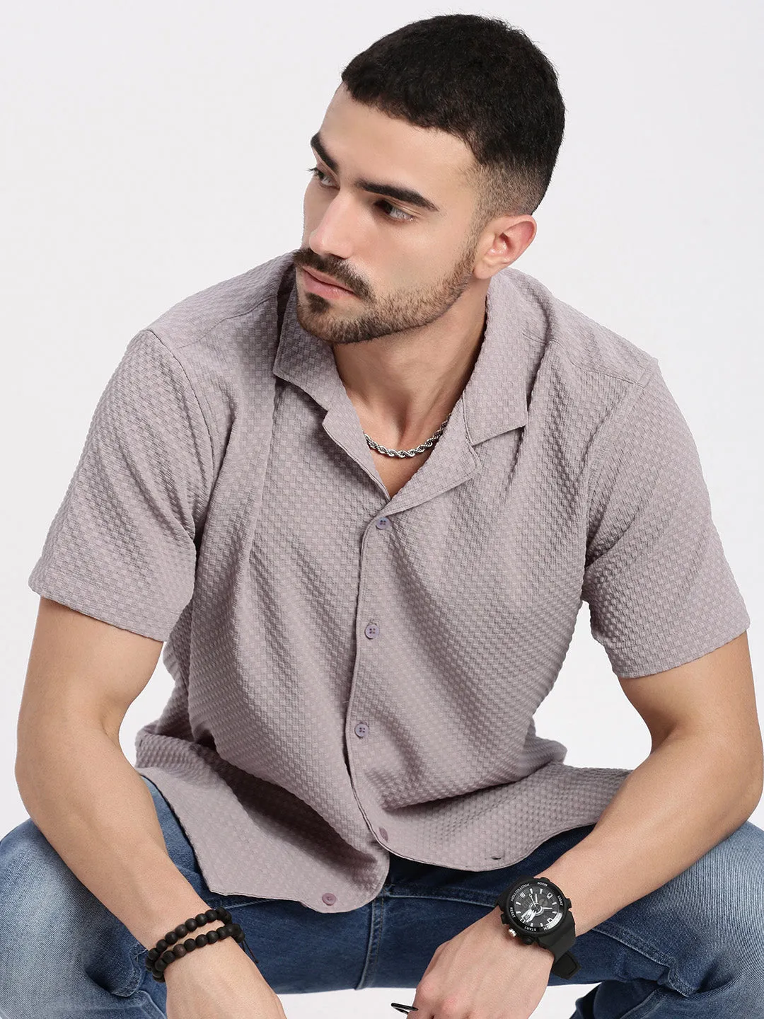 Men's Mauve Cuban Collar Solid Shirt Romance Fit Layered Hem Details