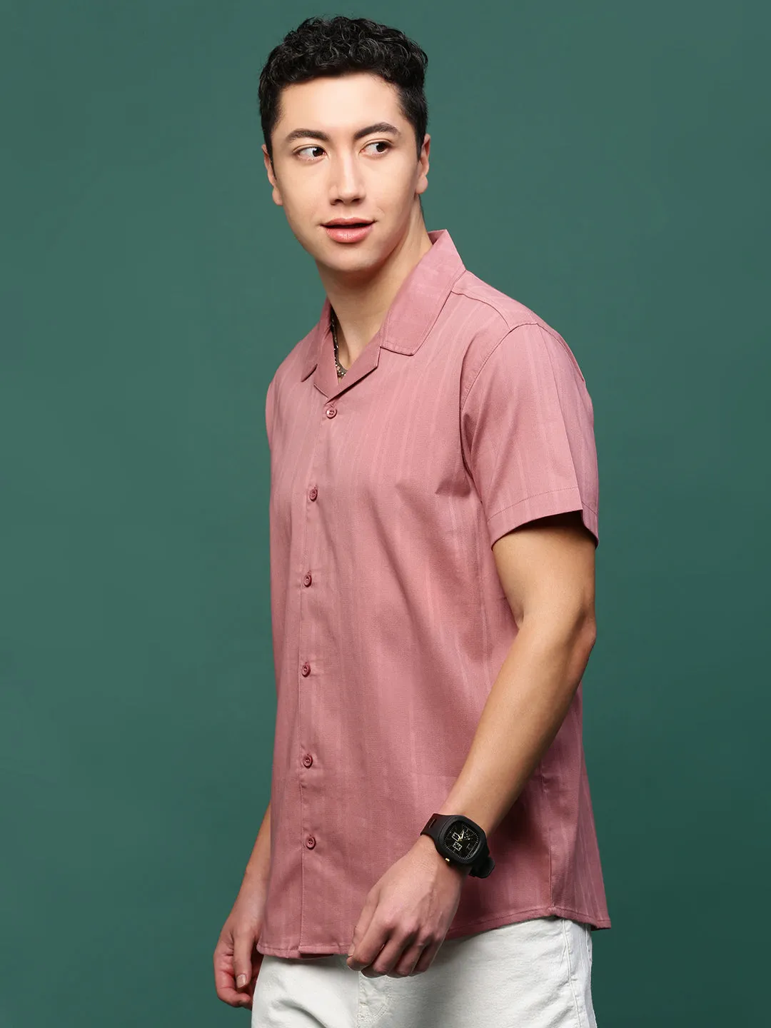 Men's Mauve Solid Cuban Collar Shirt Casual Polo Trans Glow