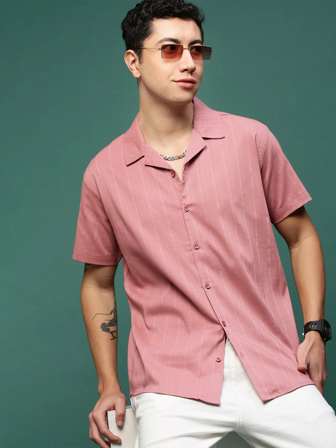 Pure Fit Men's Mauve Solid Cuban Collar Shirt