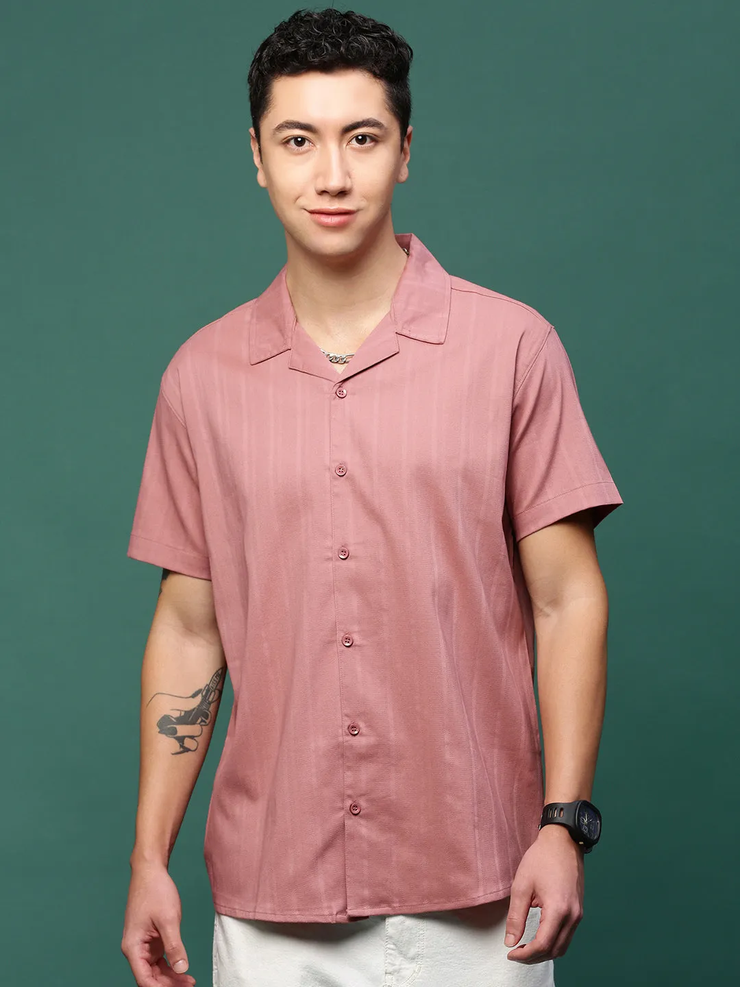 Men's Mauve Solid Cuban Collar Shirt Lightweight Fabric