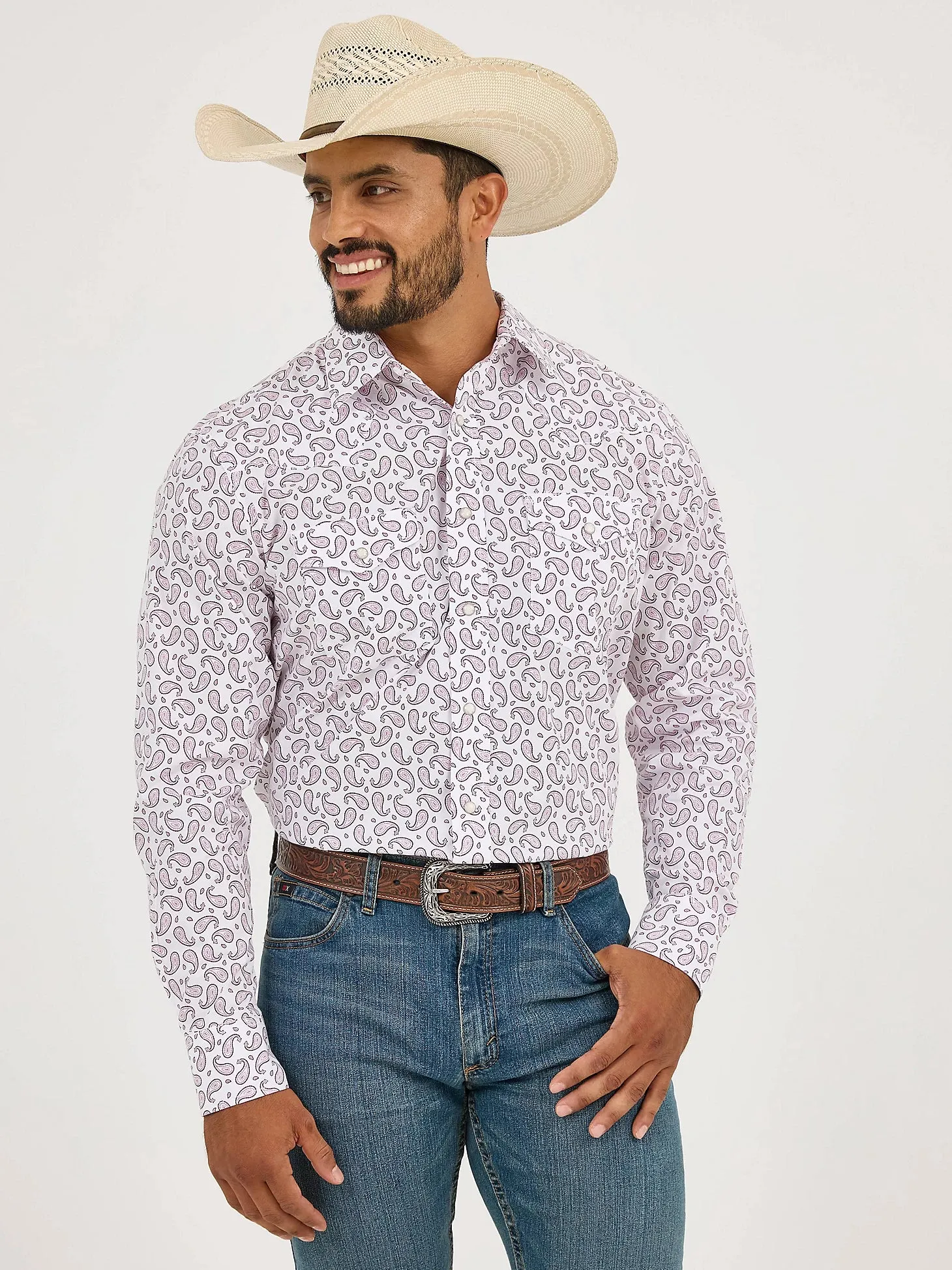 Wrangler Men's L/S 20X Competition Western Snap Shirt in Pink Sangria Paisley (Available in Tall Sizes) Slim Waistband Colorfast Material