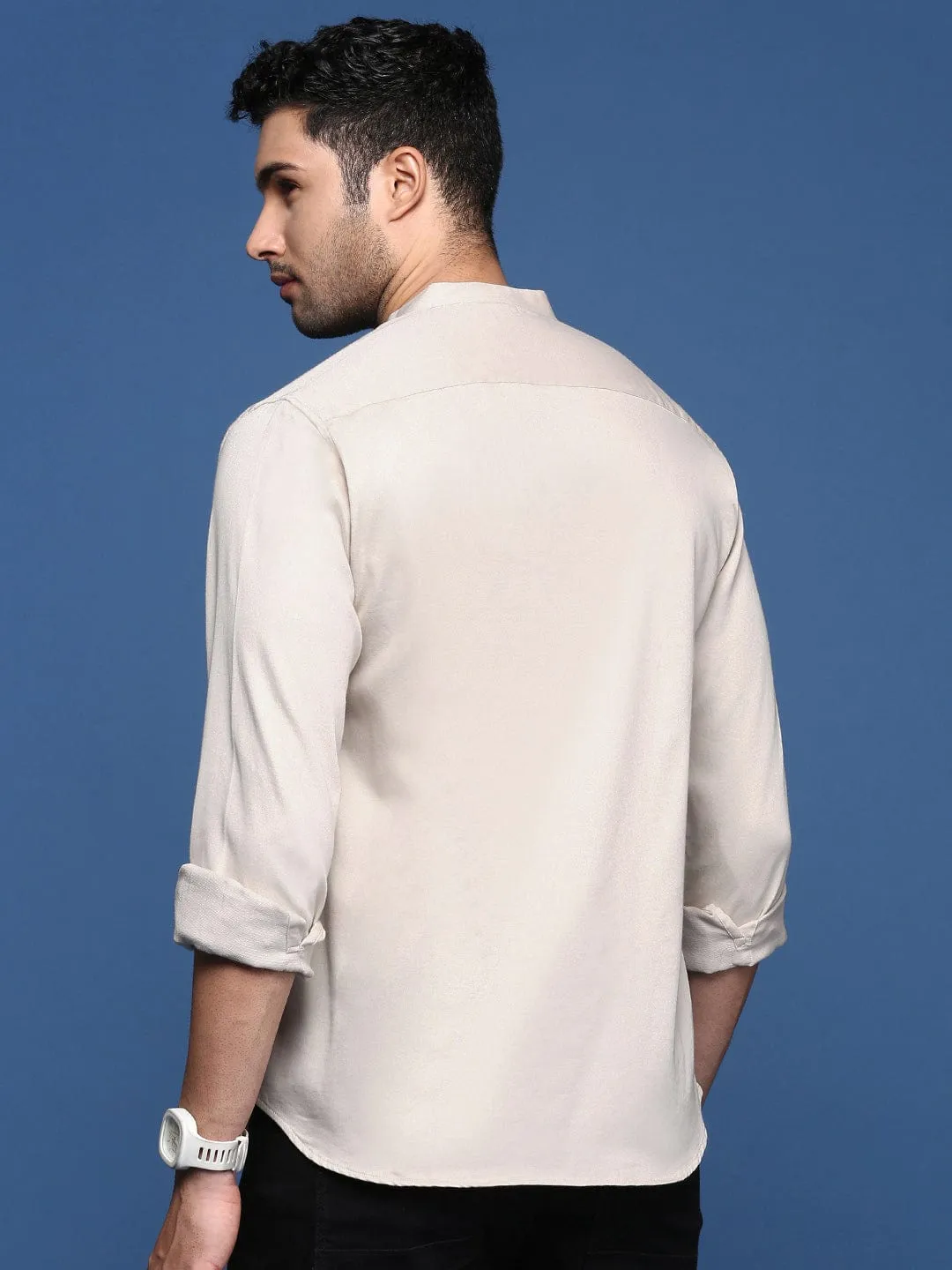 Men's Mandarin Collar Solid Beige Slim Fit Shirt Art Glow LowMaintenance