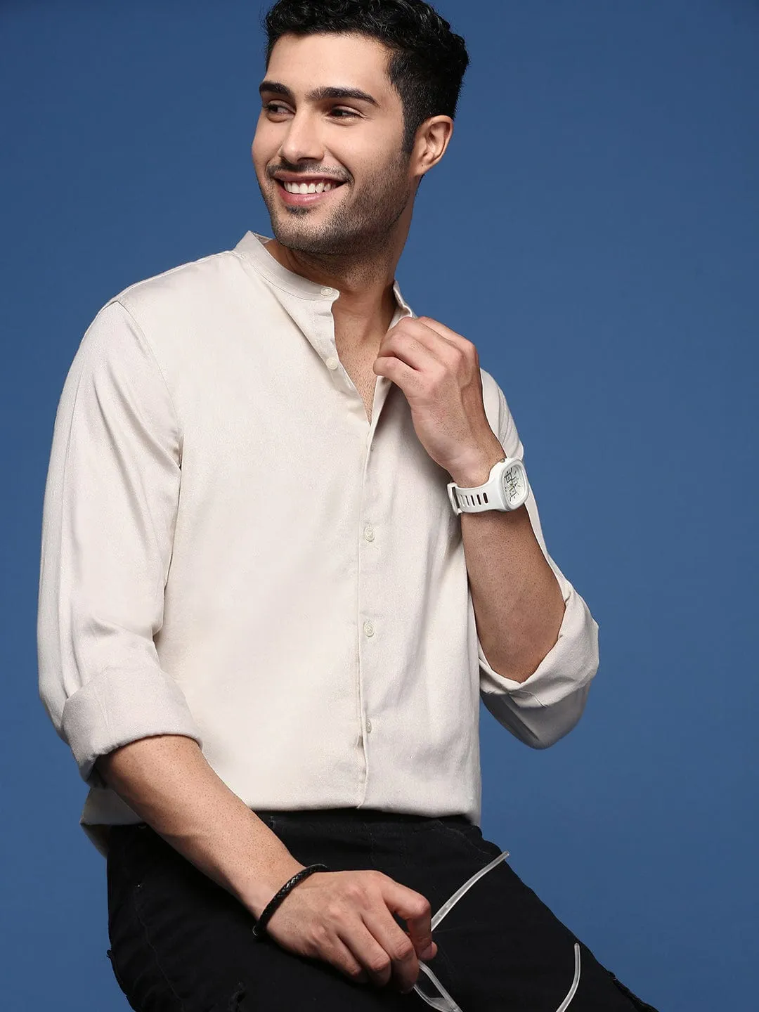 Men's Mandarin Collar Solid Beige Slim Fit Shirt Sustain Glow