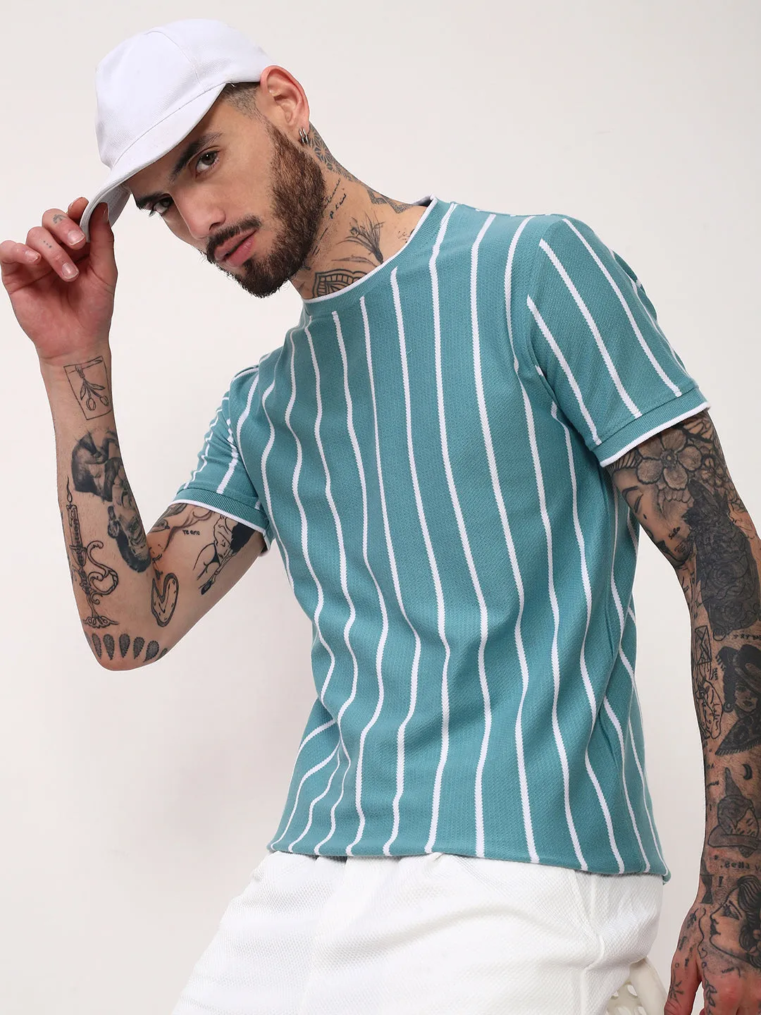 non hooded Men's Blue Striped Round Neck T-Shirt