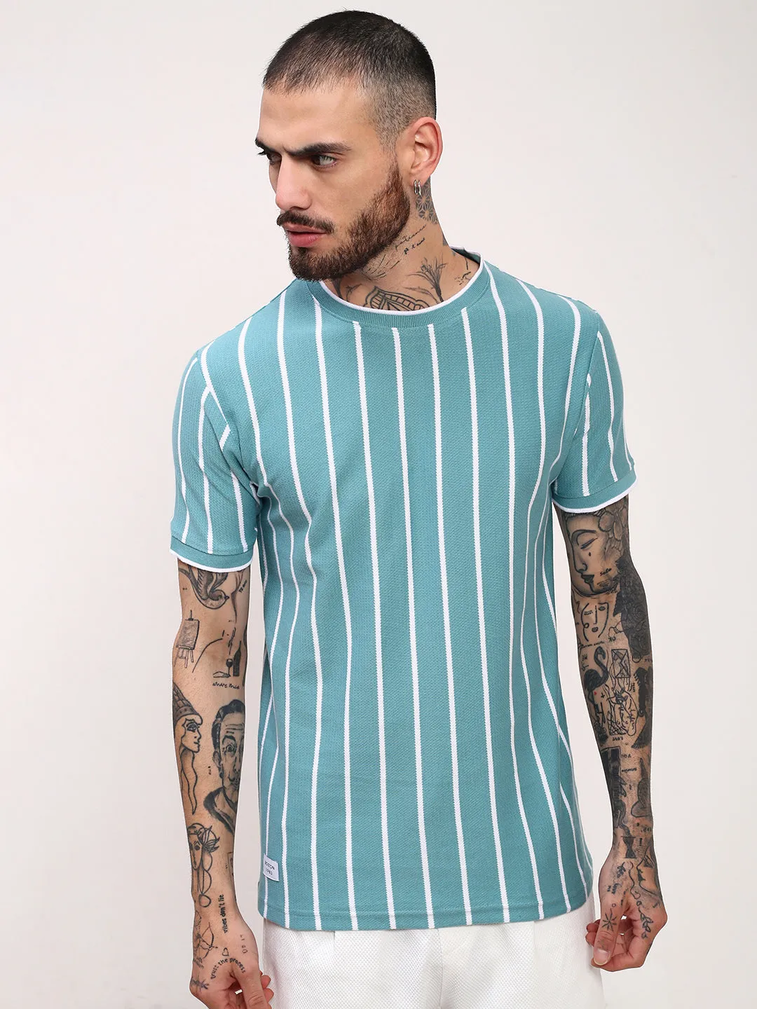 Comfy Street Style Relaxed Fashion Men's Blue Striped Round Neck T-Shirt