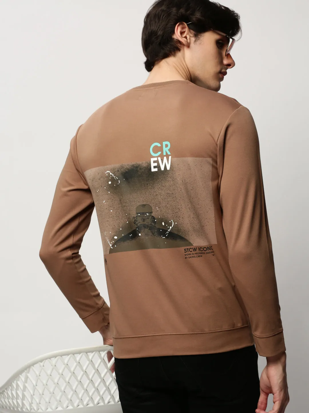 teenagers Mass produced Men's Taupe Graphic Printed Cotton Sweatshirt