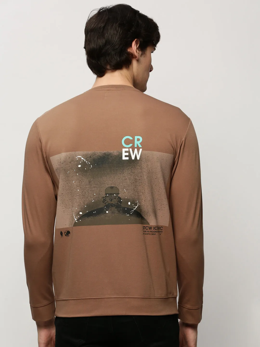 Modern Fit product holiday wearability Men's Taupe Graphic Printed Cotton Sweatshirt