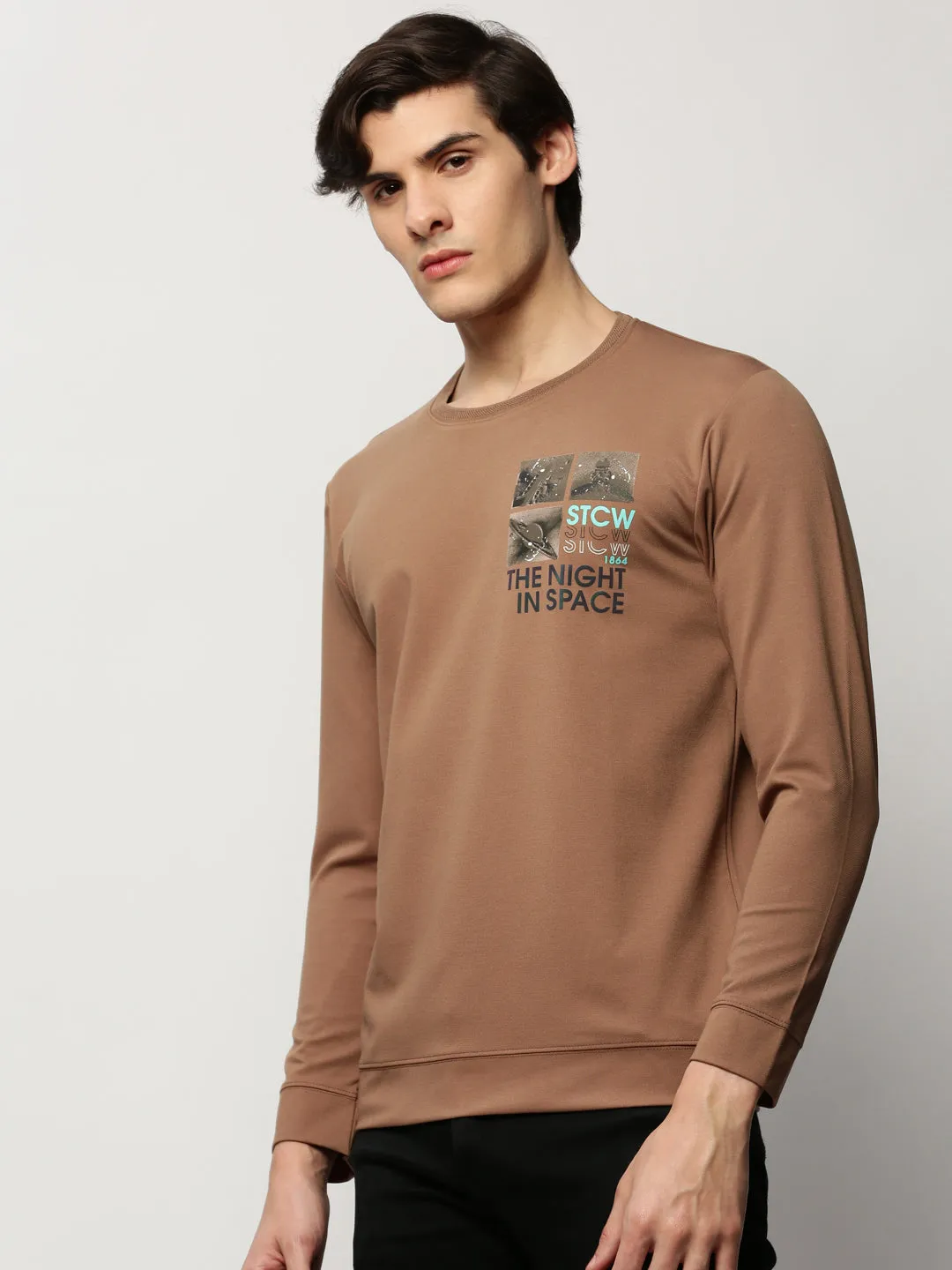 graffiti print Men's Taupe Graphic Printed Cotton Sweatshirt