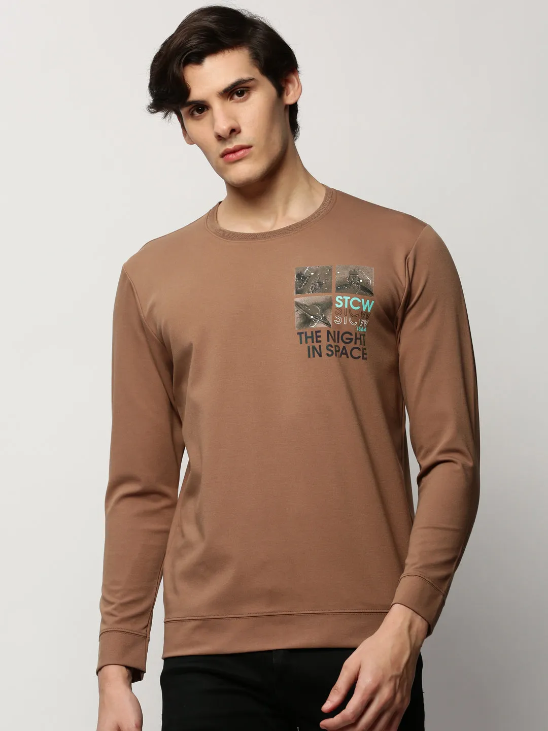 Quick-Dry Tech Home friendly Men's Taupe Graphic Printed Cotton Sweatshirt