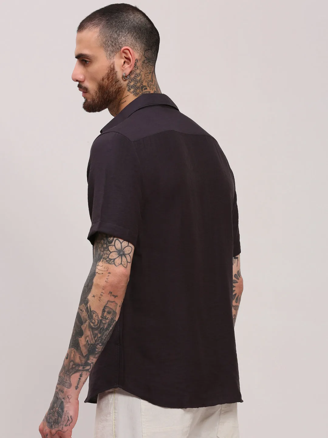 Men's Grey Spread Collar Solid Slim Fit Shirt China Cool