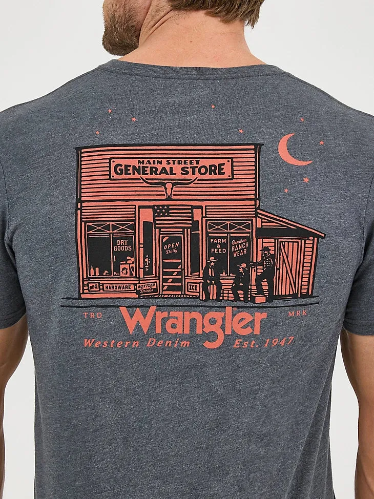Sleek Layer Relaxed Look Wrangler Men's Mineral Wash Graphic Logo T-Shirt in Charcoal Bar