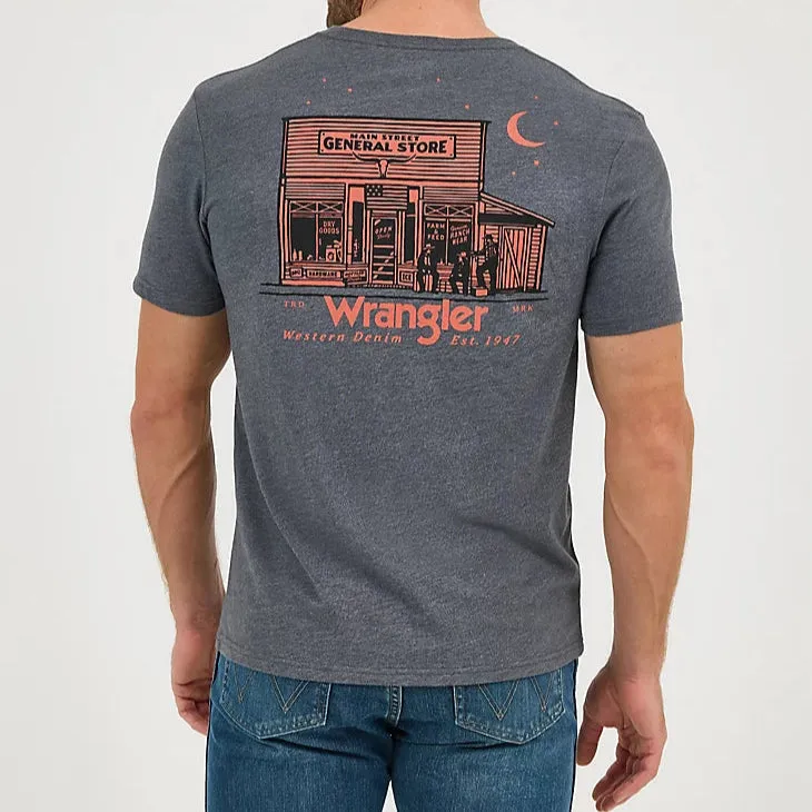 Wrangler Men's Mineral Wash Graphic Logo T-Shirt in Charcoal Bar Seam Free Back