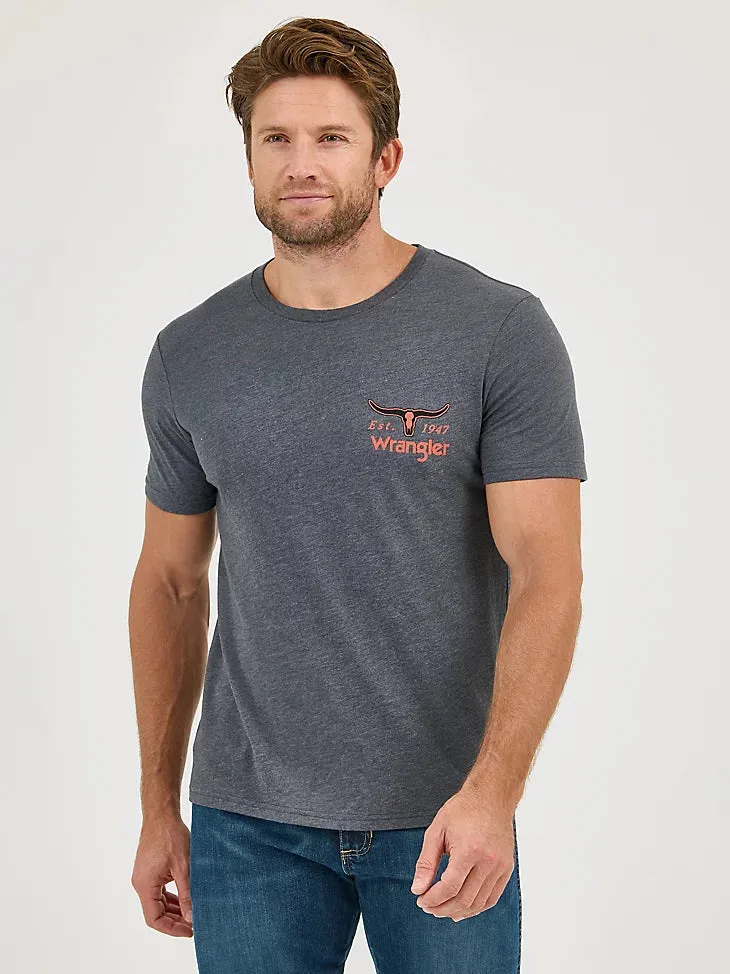 hiking clothes proper length Wrangler Men's Mineral Wash Graphic Logo T-Shirt in Charcoal Bar