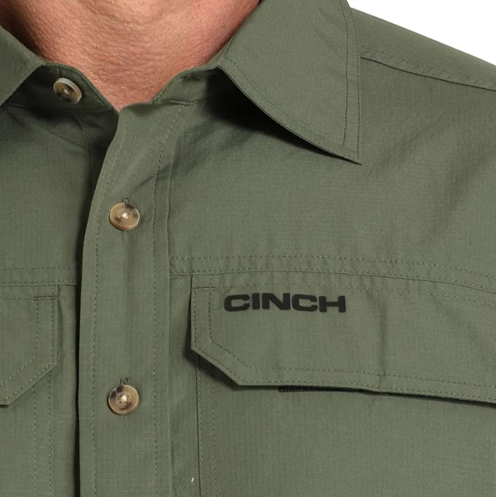 Cinch Men's S/S Arenaflex Ripstop Solid Western Button Down Shirt in Olive Anti Perspiration Lining