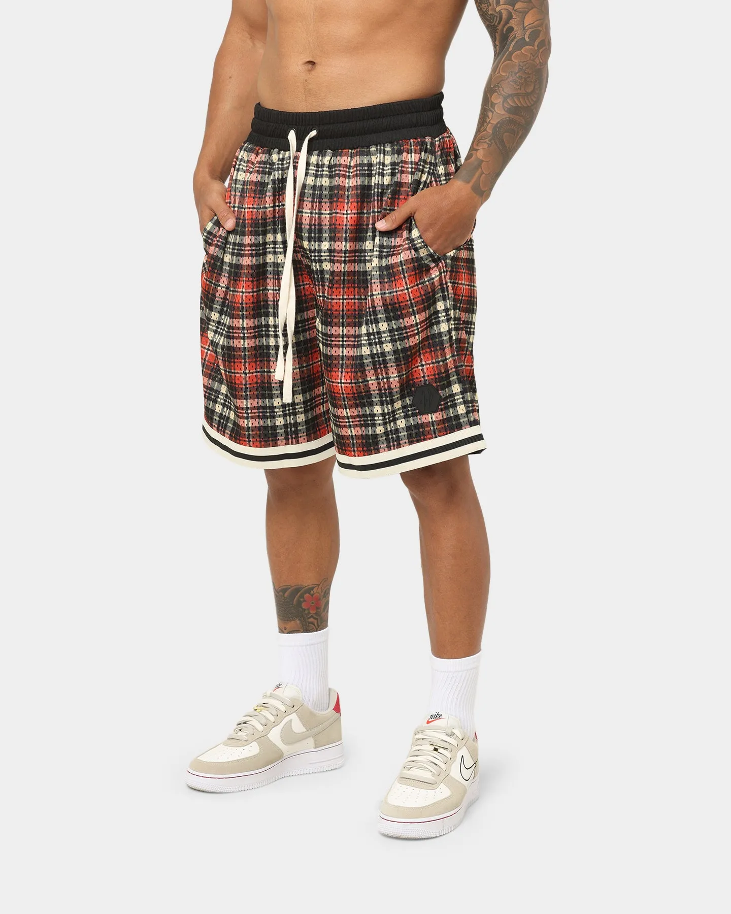 EN ES Team Basketball Shorts Red Plaid Minimal Stretch