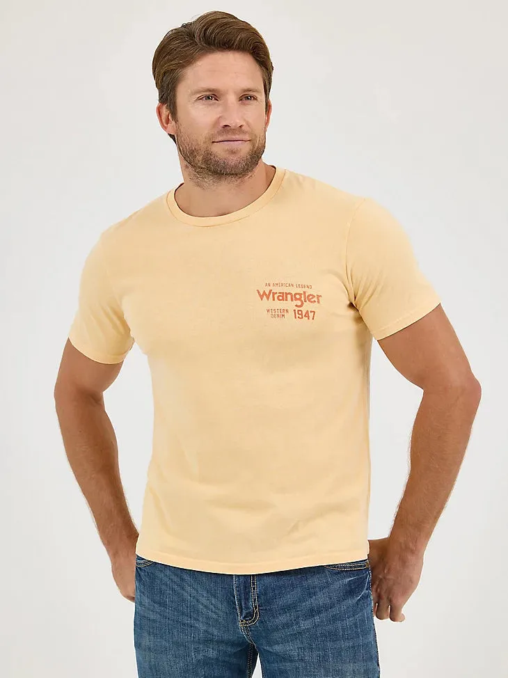 Fun and Comfortable Light Breeze Wrangler Men's Mineral Wash Graphic Logo T-Shirt in Golden Straw