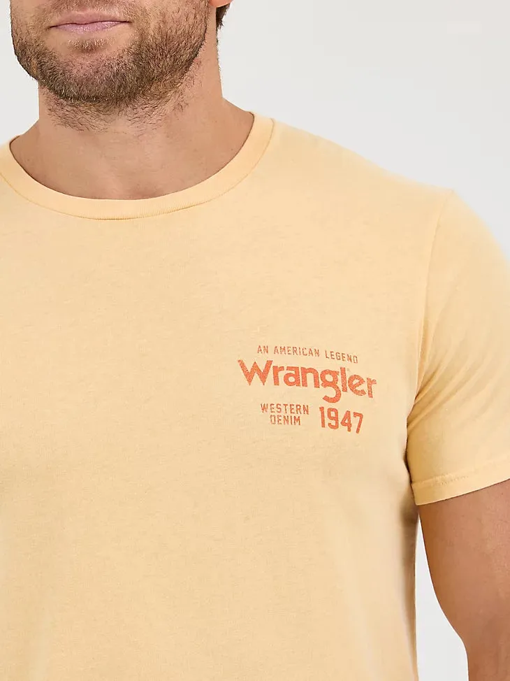 Breathable Comfort Fit Wrangler Men's Mineral Wash Graphic Logo T-Shirt in Golden Straw