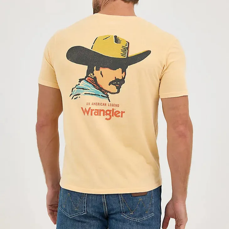 Fuzz Free Surface Soft Stretch Fit Wrangler Men's Mineral Wash Graphic Logo T-Shirt in Golden Straw
