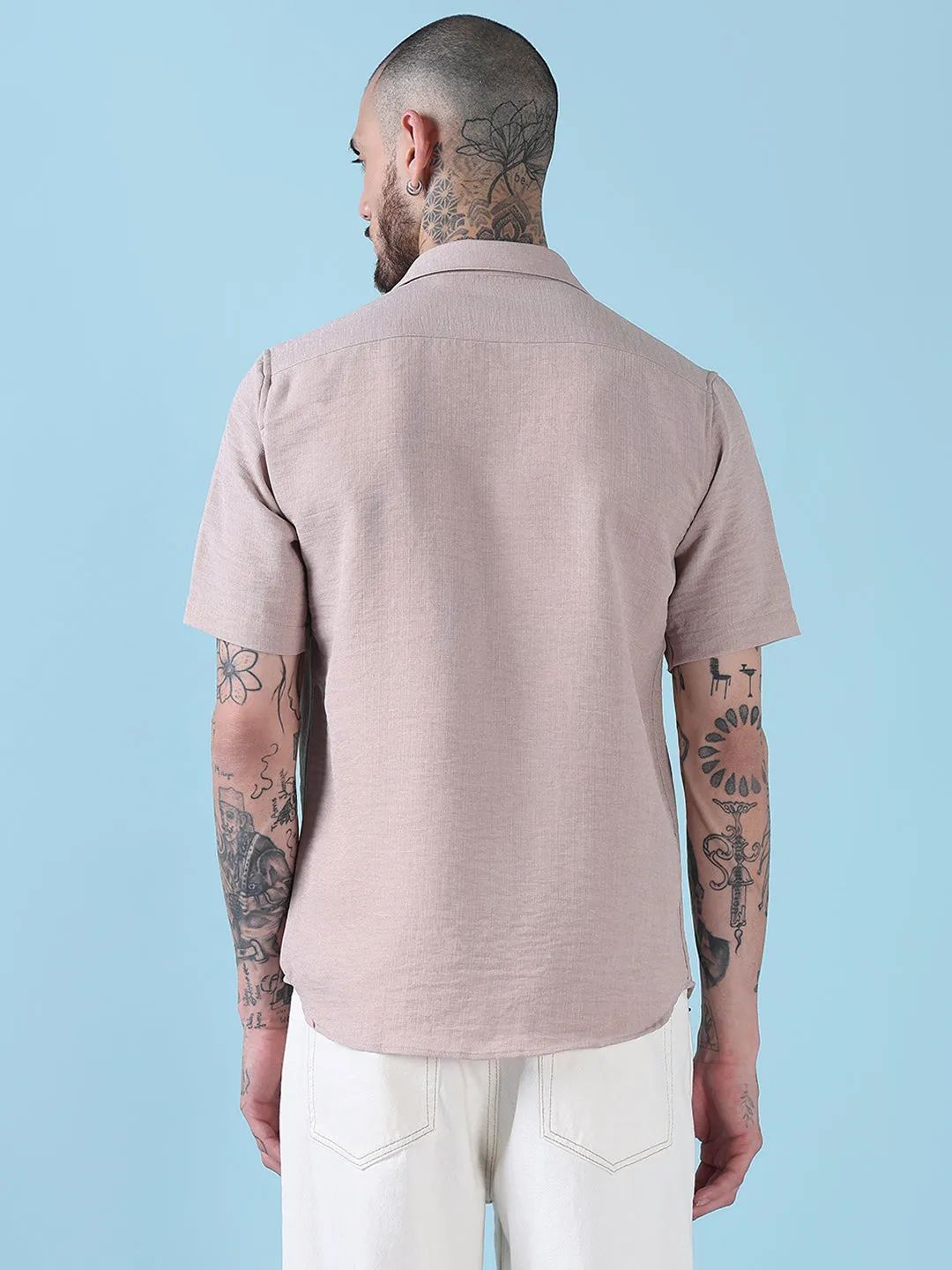 Men's Peach Solid Slim Fit Chambray Casual Shirt SustainableYarnBlend