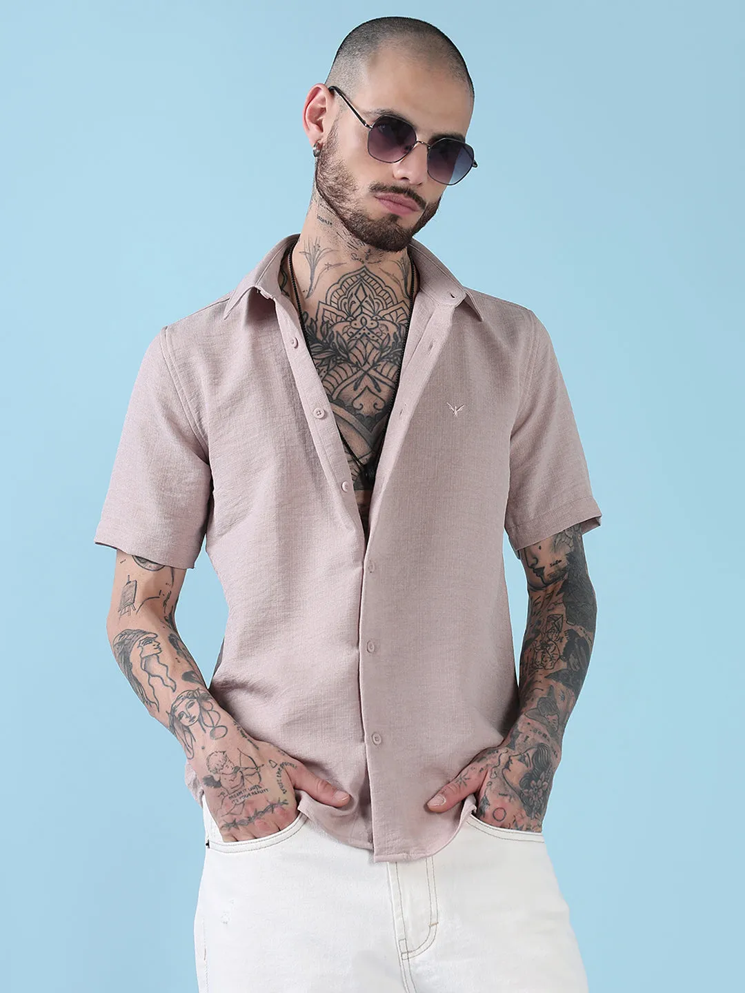 Men's Peach Solid Slim Fit Chambray Casual Shirt Gentle Glow